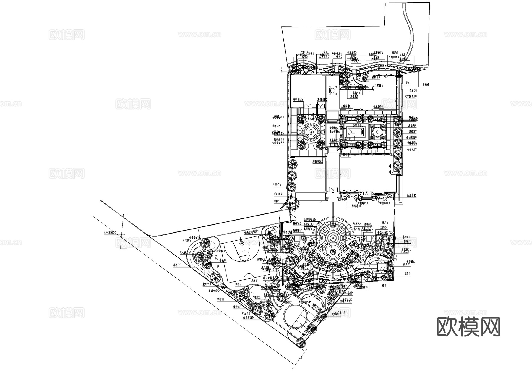 别墅庭院景观植物种植配置平面图CAD施工图cad施工图