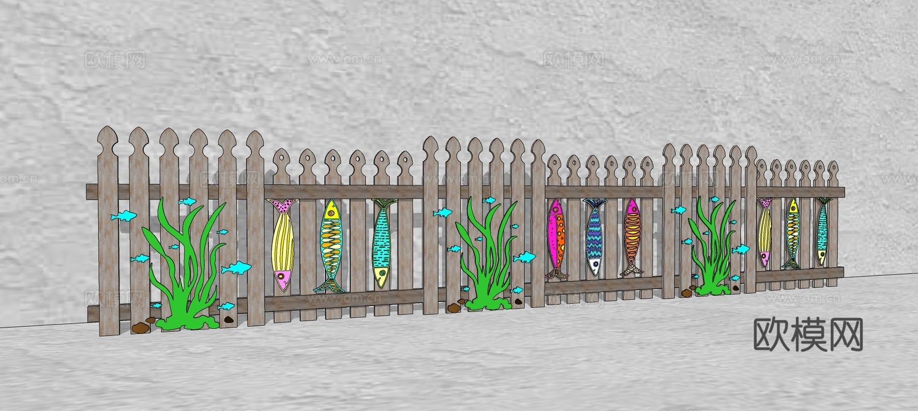现代生态户外花园卡通木质栏杆动物围栏护栏彩色花朵儿童创意栅栏su模型
