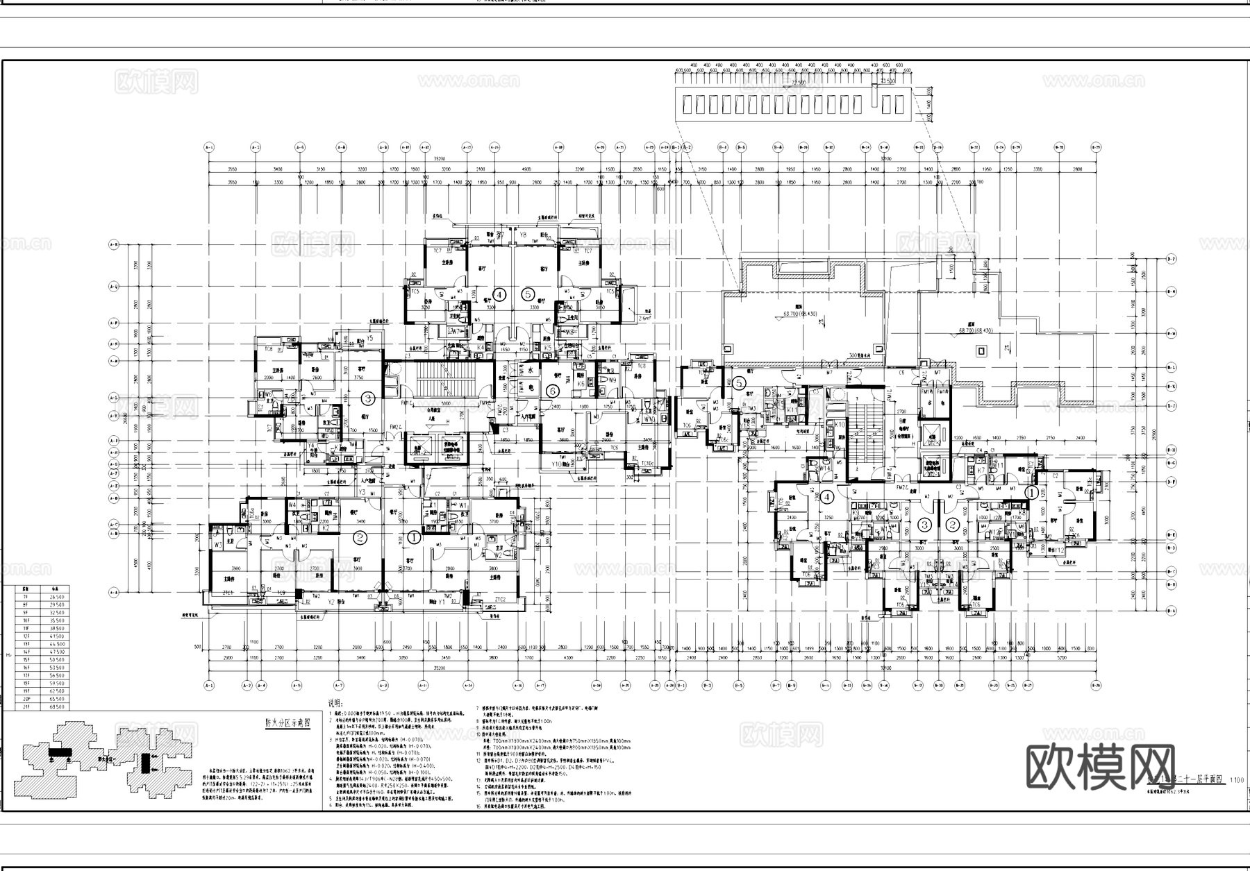 中筒式两梯六户九户塔楼住宅建筑平面户型图CAD施工图cad施工图