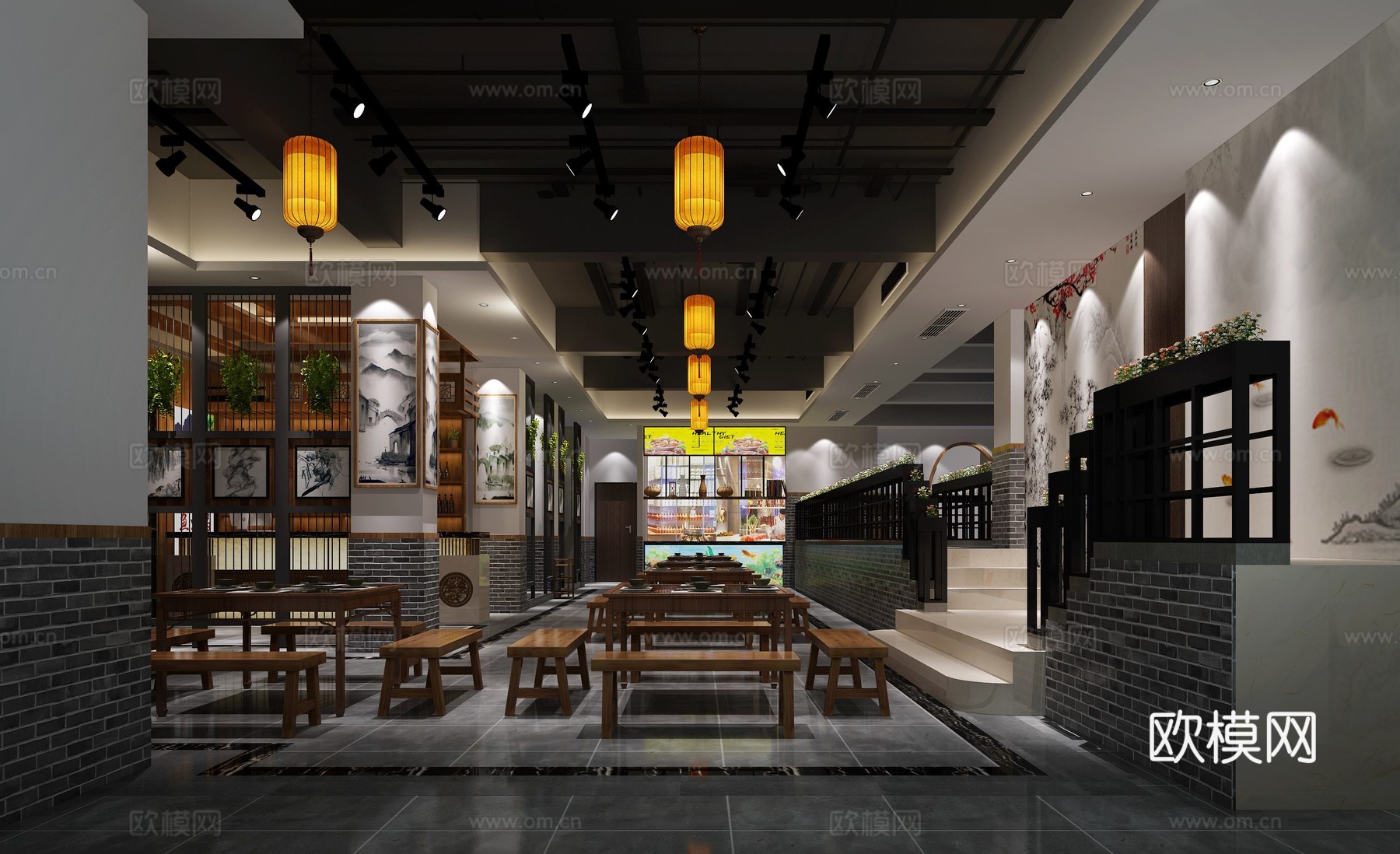 中式餐厅 桌椅 铁艺花架 灯笼吊灯3d模型下载（渲染图1）