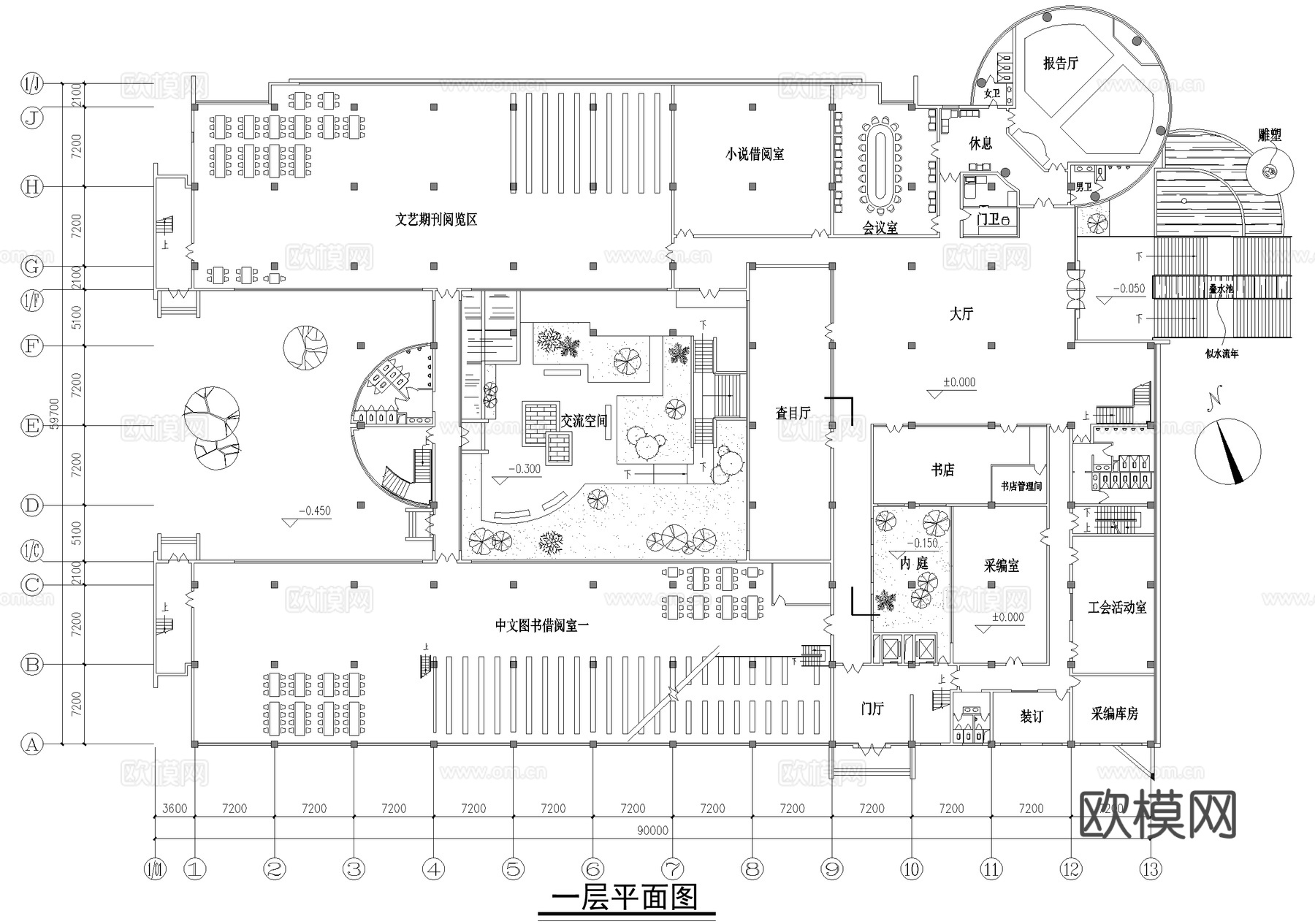 四层大学图书馆建筑平面图cad施工图