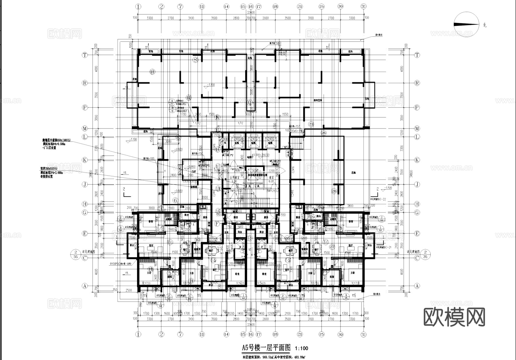 高层四梯十户二室二厅一卫中筒式住宅建筑CAD施工图集cad施工图