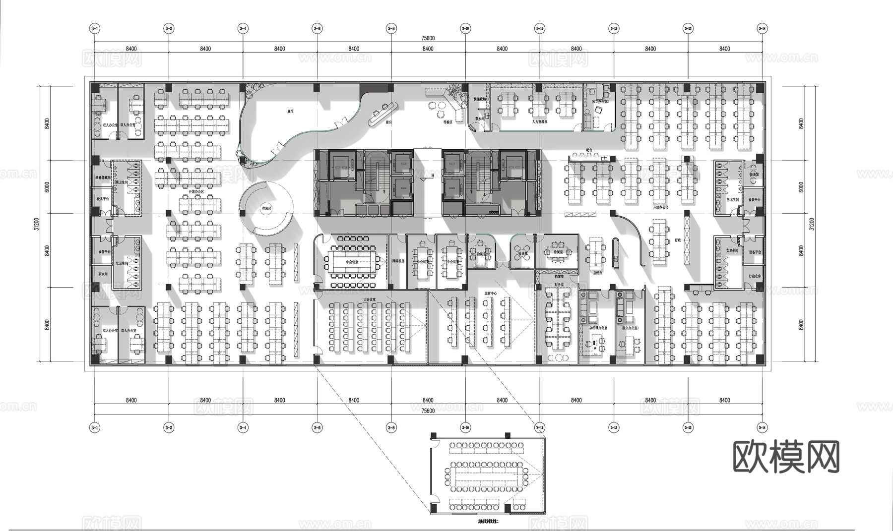 2500平办公室 最新平面办公室施工图cad施工图