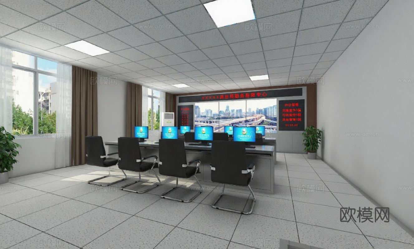 现代化警务指挥中心3D渲染图 科技感监控室设计 高效办公空间布局免费3d模型下载