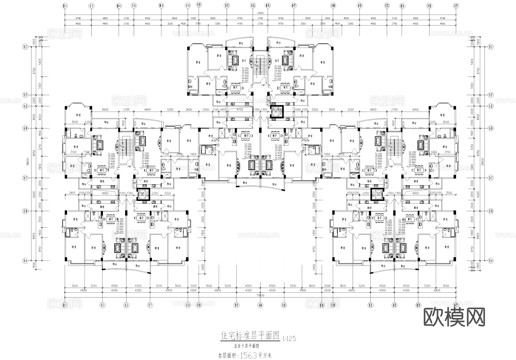 一梯四户小高层建筑平面户型图CAD施工图cad施工图