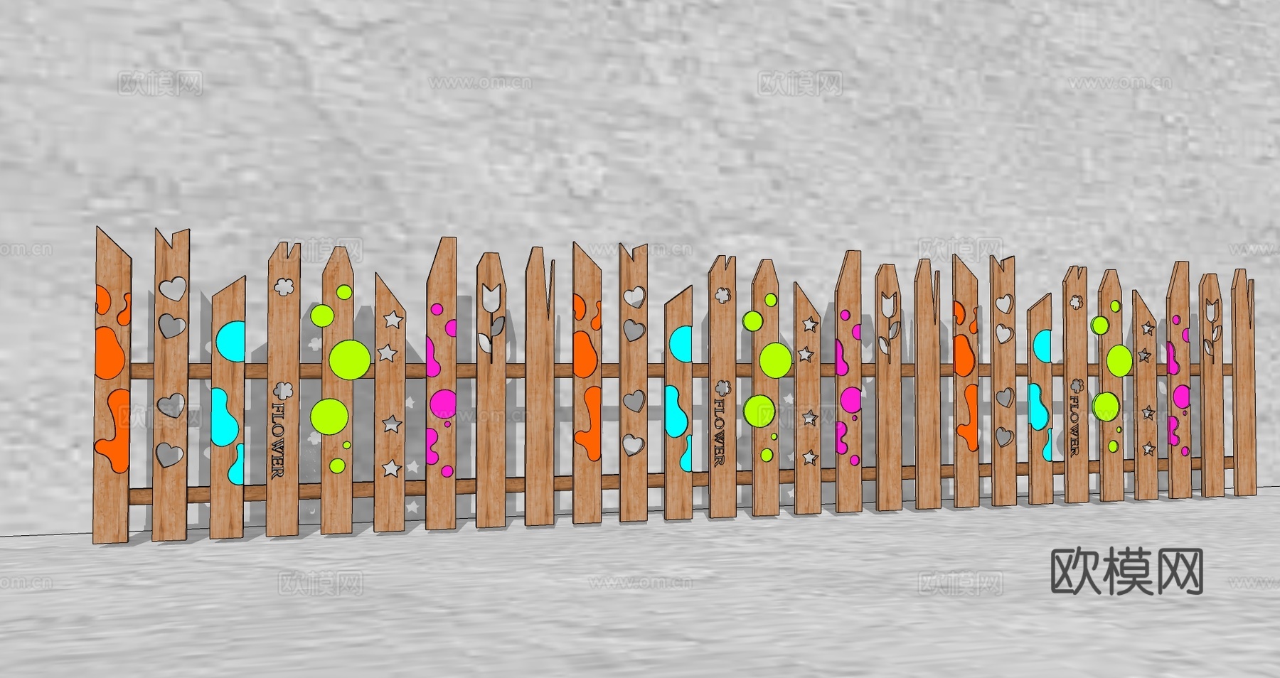现代生态户外花园卡通木质栏杆动物围栏护栏彩色花朵儿童创意栅栏su模型