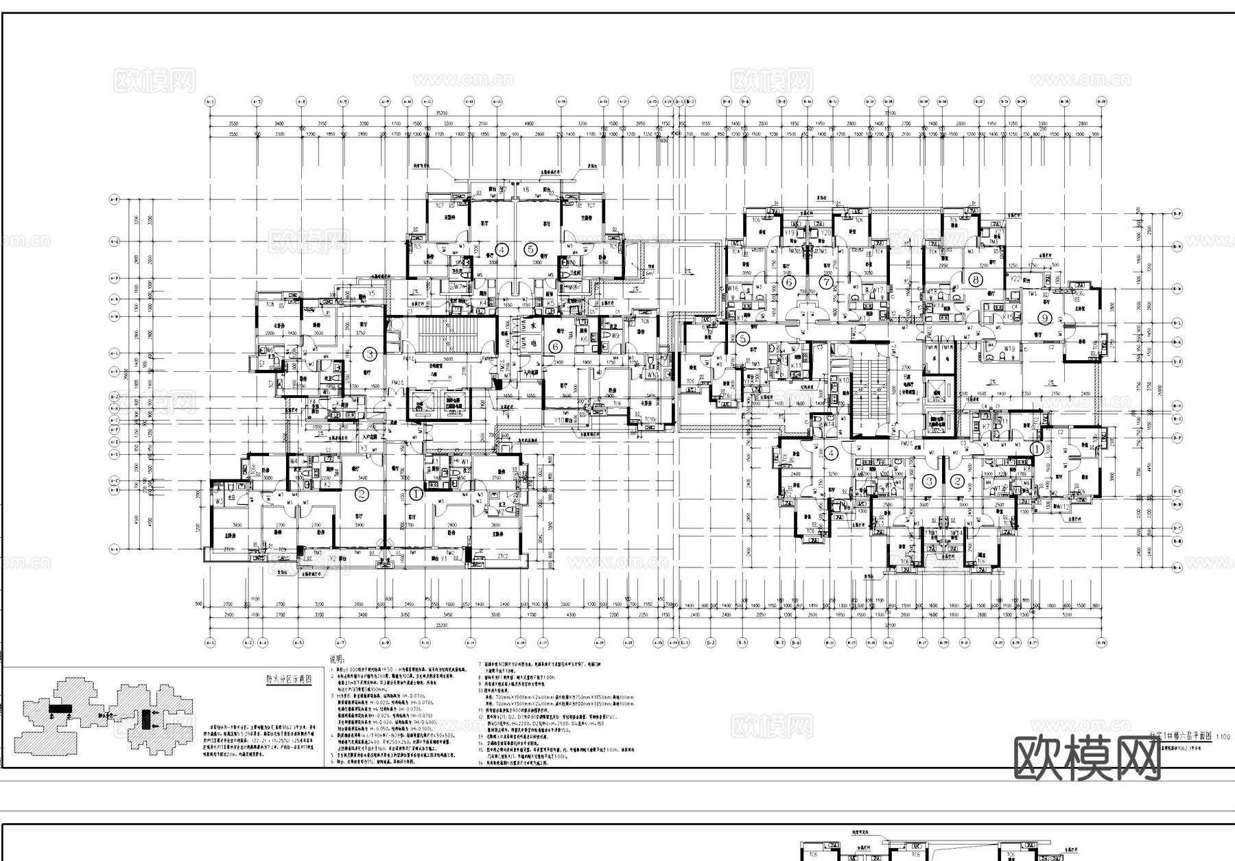 中筒式两梯六户九户塔楼住宅建筑平面户型图CAD施工图cad施工图