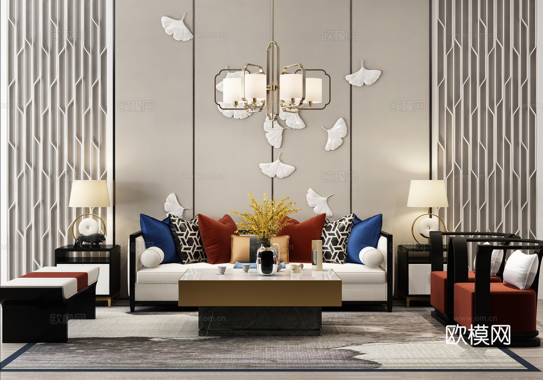 新中式沙发茶几组合 吊灯 雕花组合3d模型下载（渲染图2）