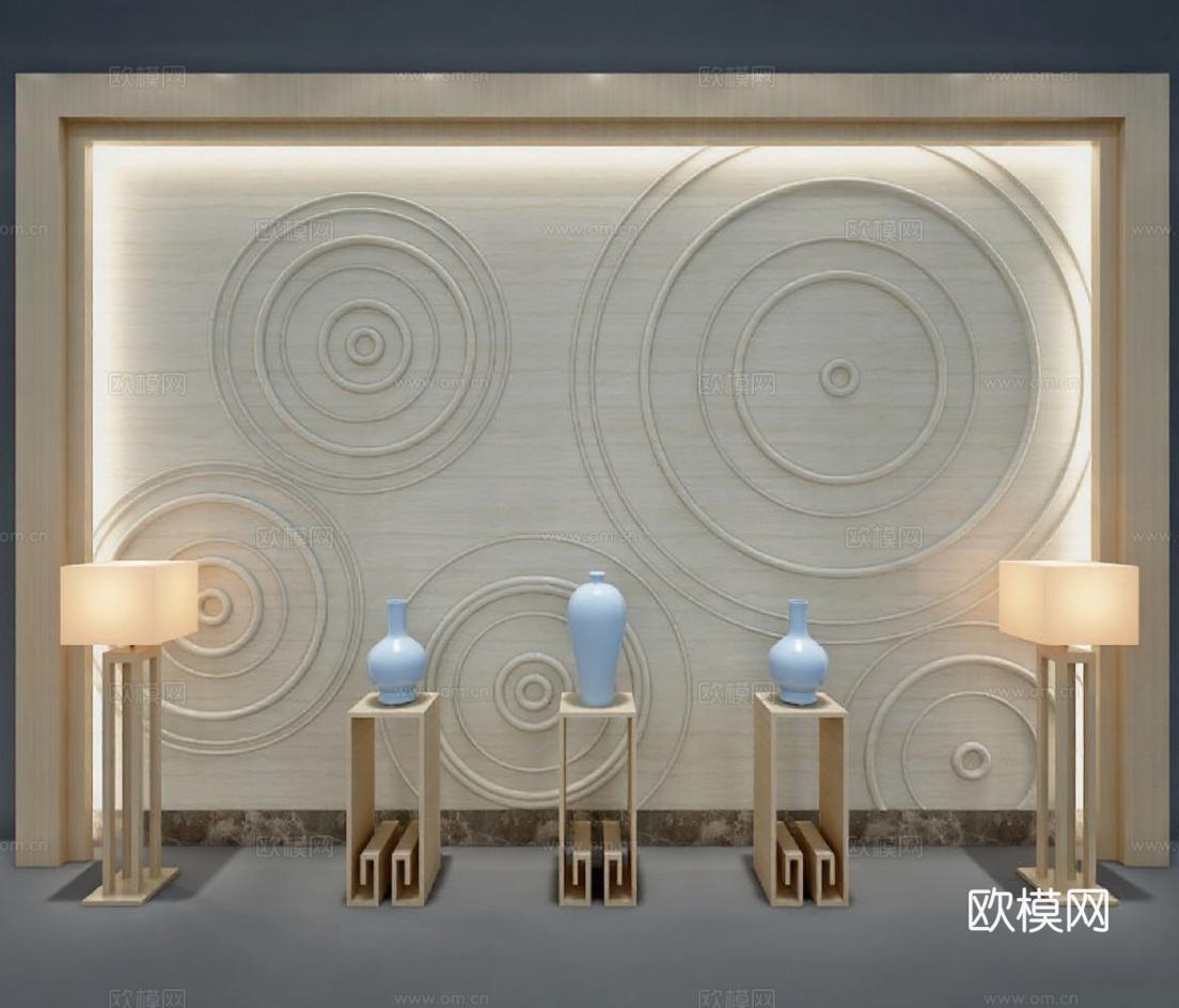 对称布局室内设计 客厅装饰艺术摆件组合 酒店大堂灯光设计方案 现代简约木质陶瓷花瓶展示架免费3d模型