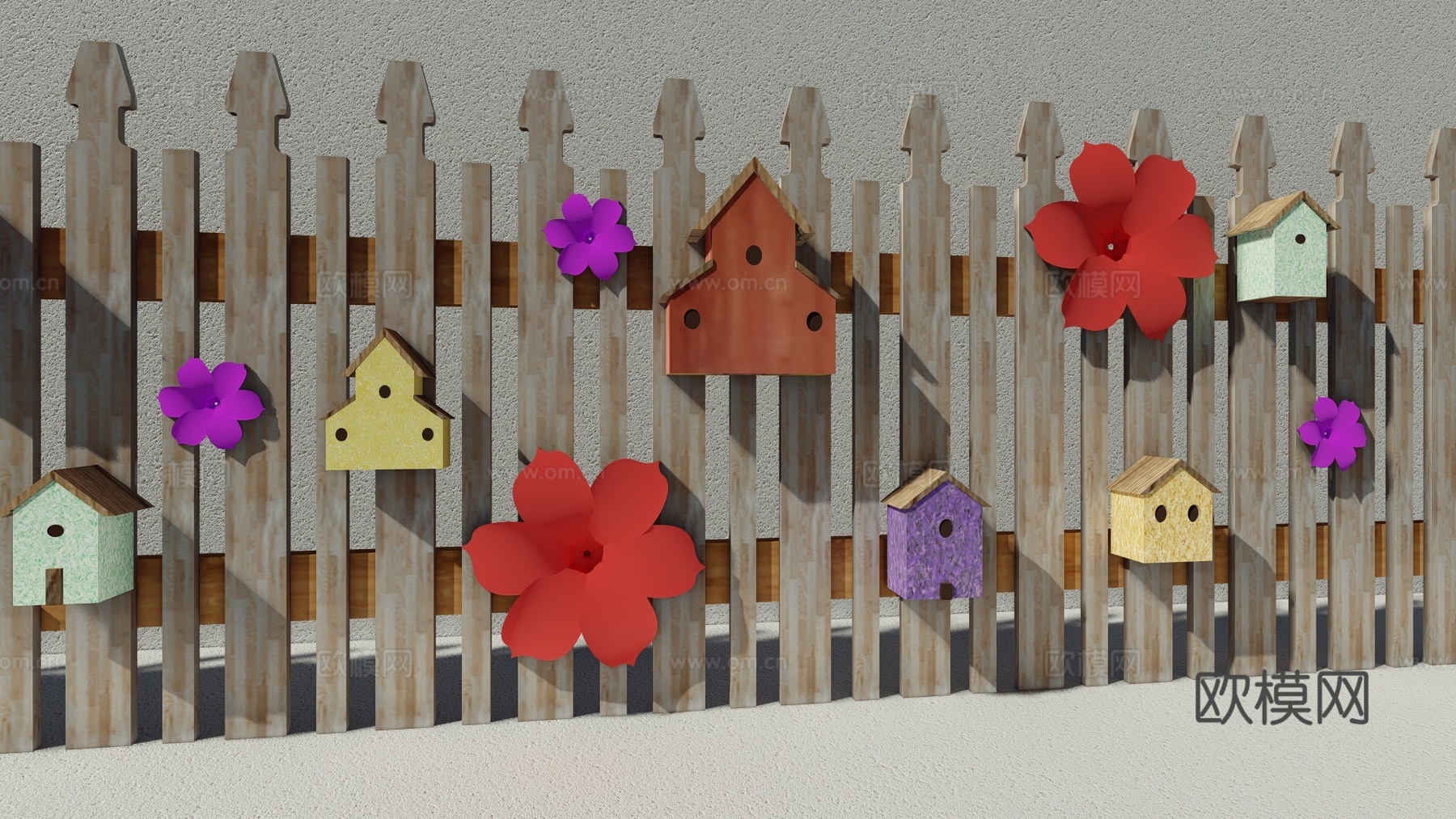 现代生态户外花园卡通木质栏杆动物围栏护栏彩色花朵儿童创意栅栏su模型