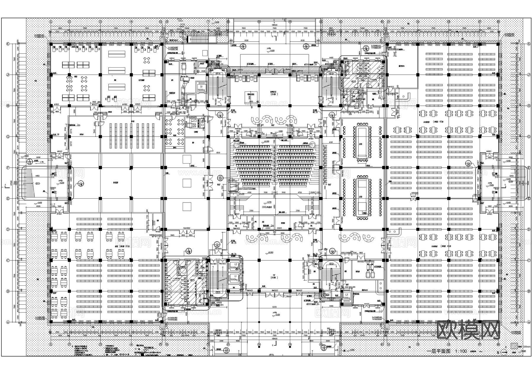 五层大学图书馆建筑平面图吊顶图cad施工图