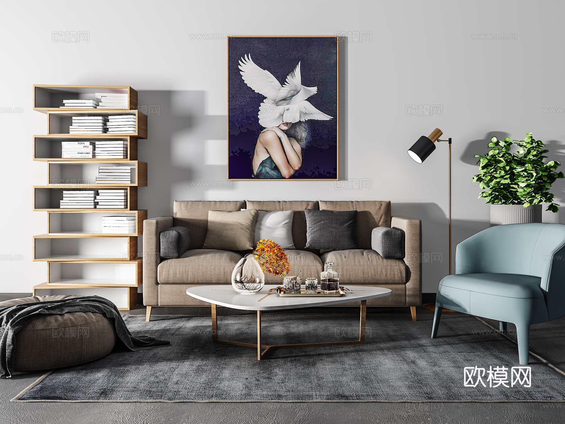 现代沙发茶几壁画组合3d模型下载（渲染图4）