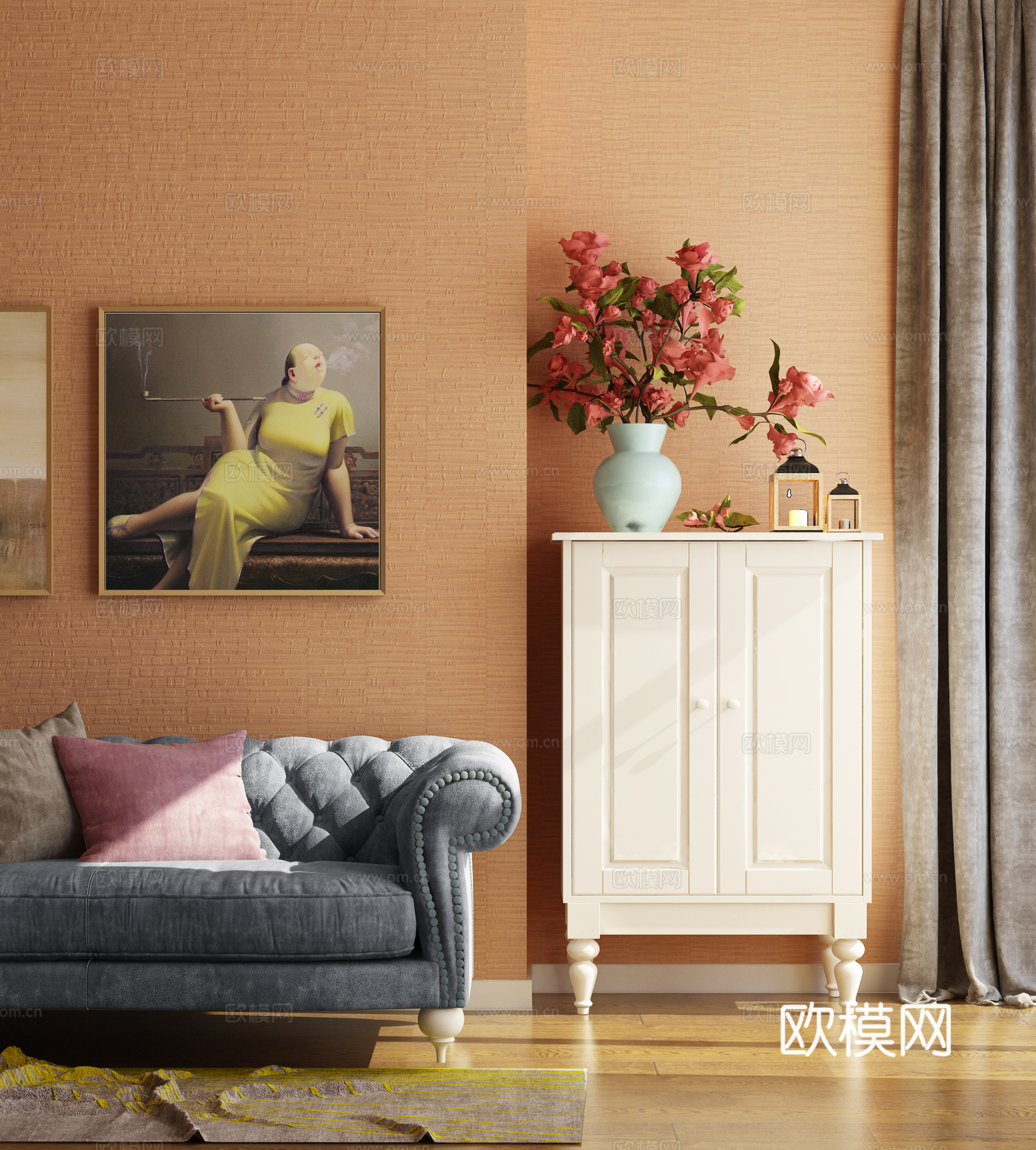 美式沙发 装饰柜 装饰画 花瓶窗帘组合3d模型下载（渲染图2）