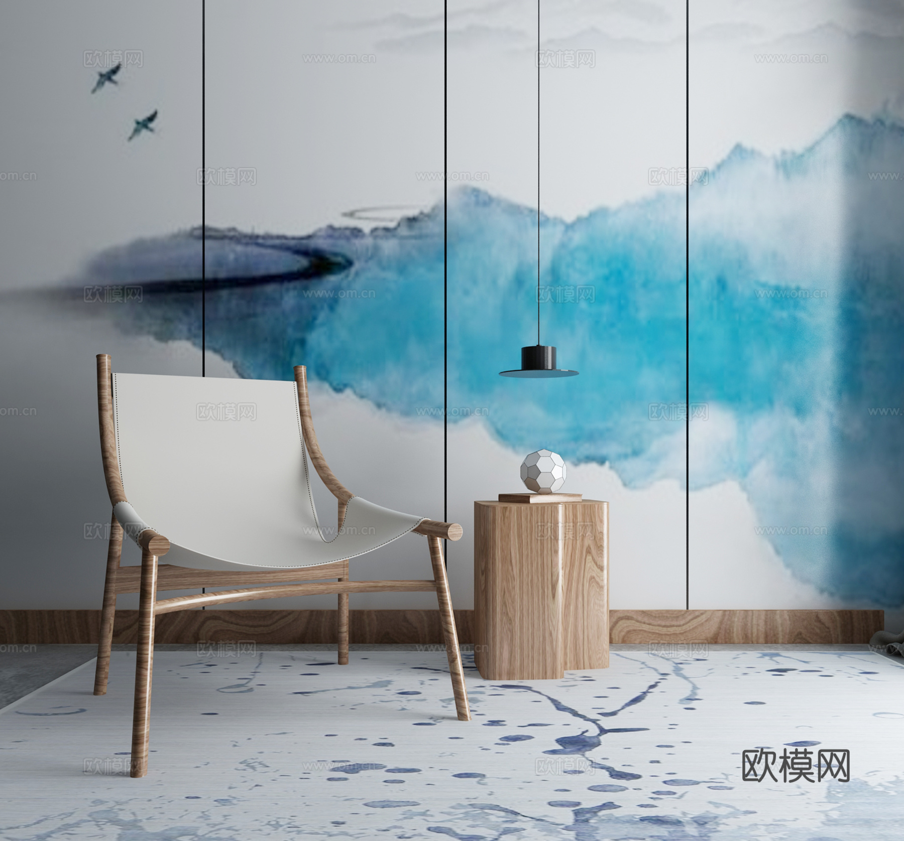 新中式沙发茶几组合3d模型下载（渲染图1）