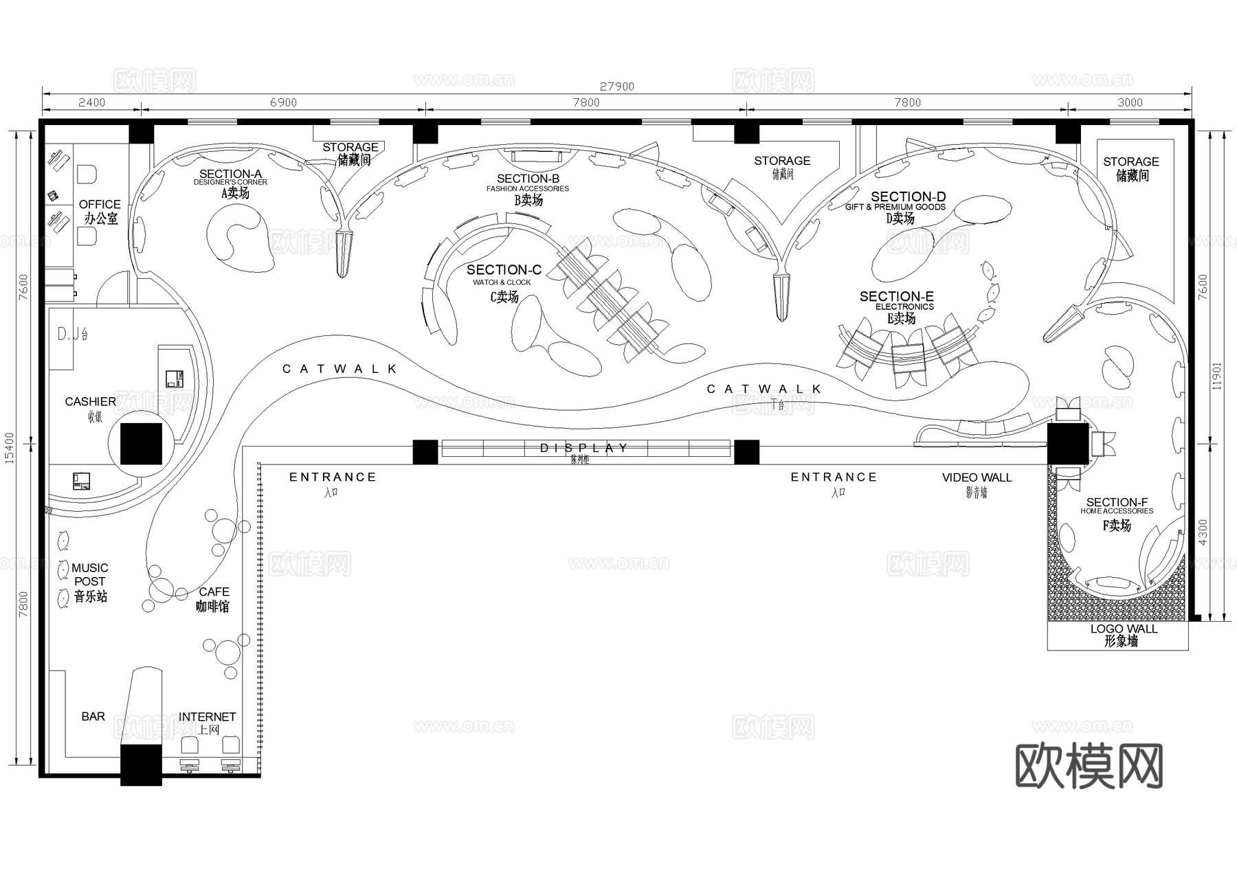 服装礼品配饰展厅平面图cad施工图