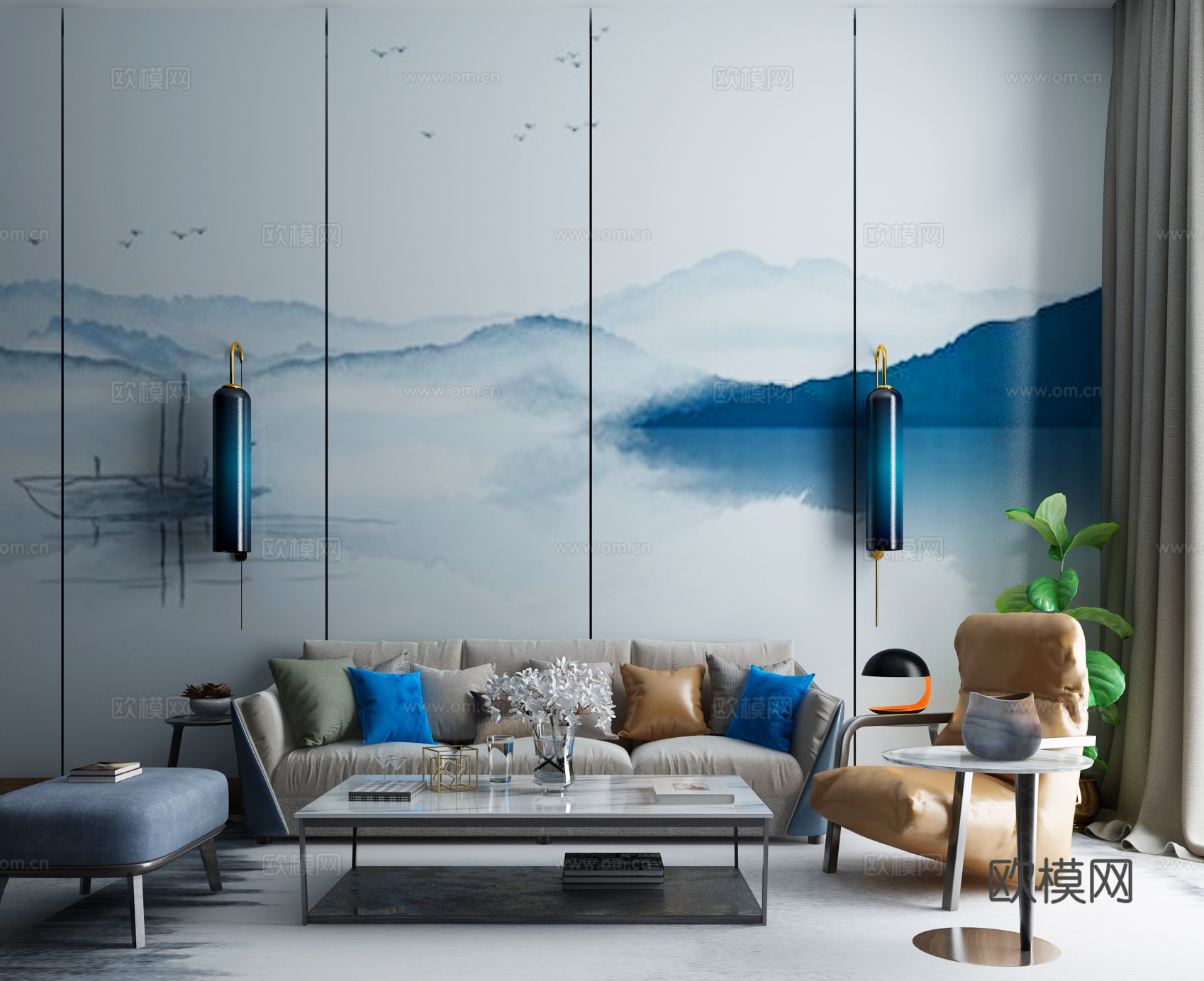 新中式沙发茶几组合3d模型下载（渲染图2）