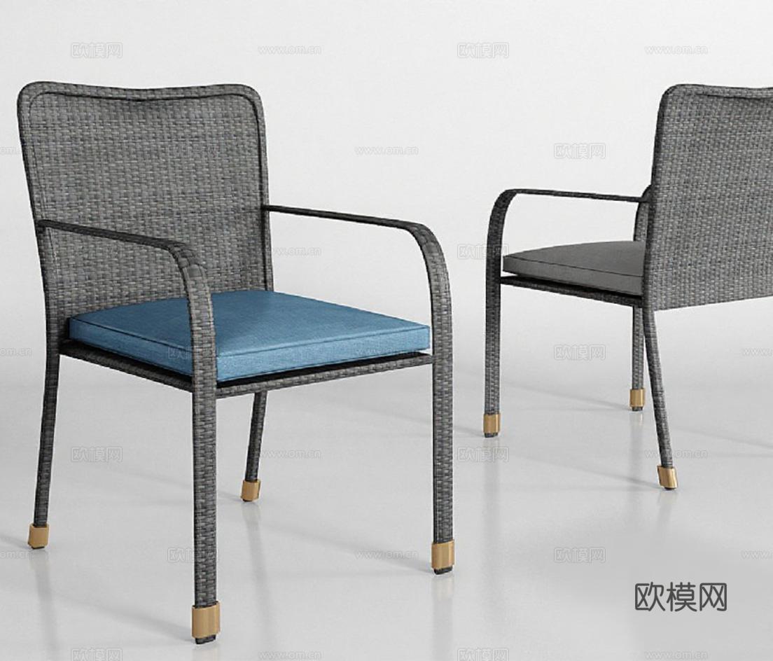 现代简约户外扶手椅 合成藤编蓝色坐垫 3D模型渲染图 金属脚设计 白色背景家具素材免费3d模型
