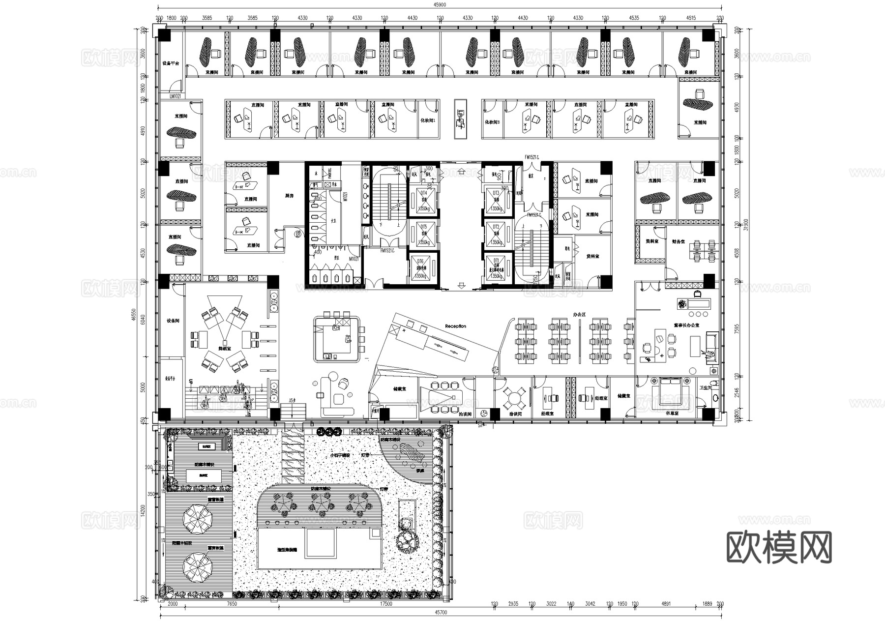 直播间平面图 办公室 景观露台cad施工图