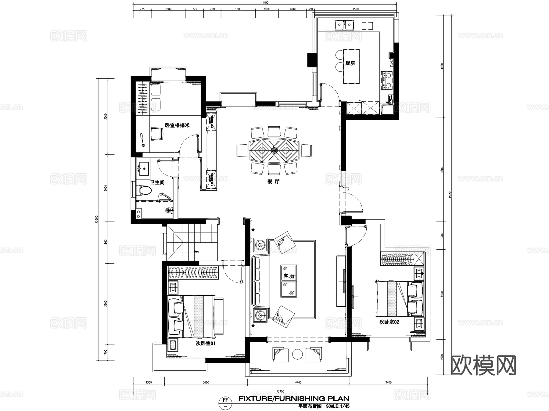 法式跃层复式室内家装CAD施工图cad施工图