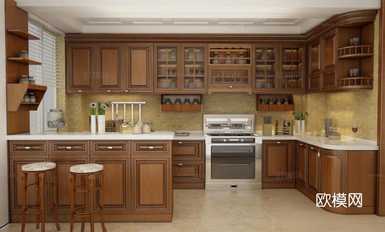 豪华L型厨房3D模型 深棕实木橱柜现代家居设计 带吧台弧形柜高端装修效果图免费3d模型下载
