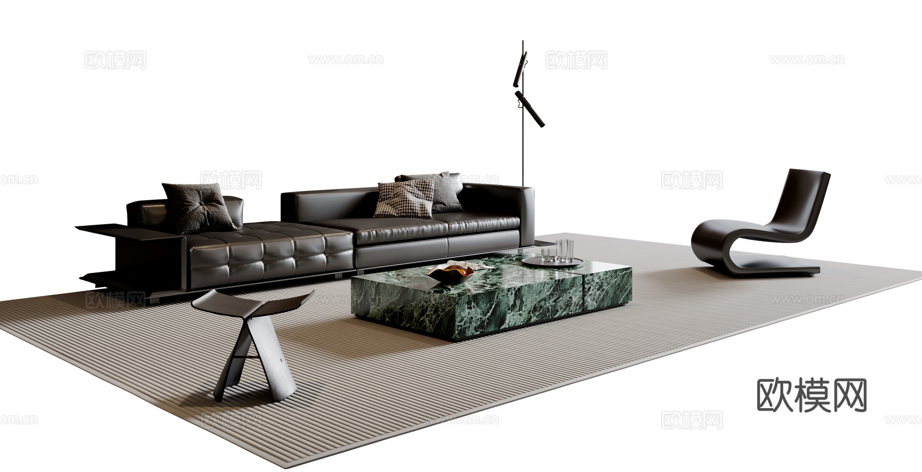 现代意式沙发茶几组合 多人沙发 皮质沙发 休闲椅 地毯su模型