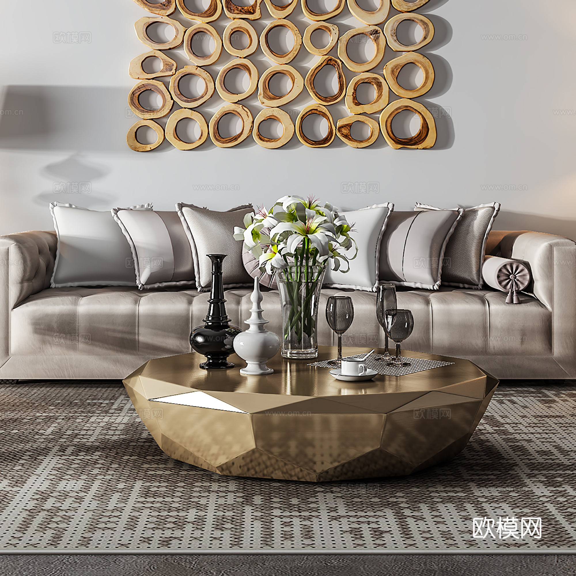 现代沙发茶几壁画组合3d模型下载（渲染图4）