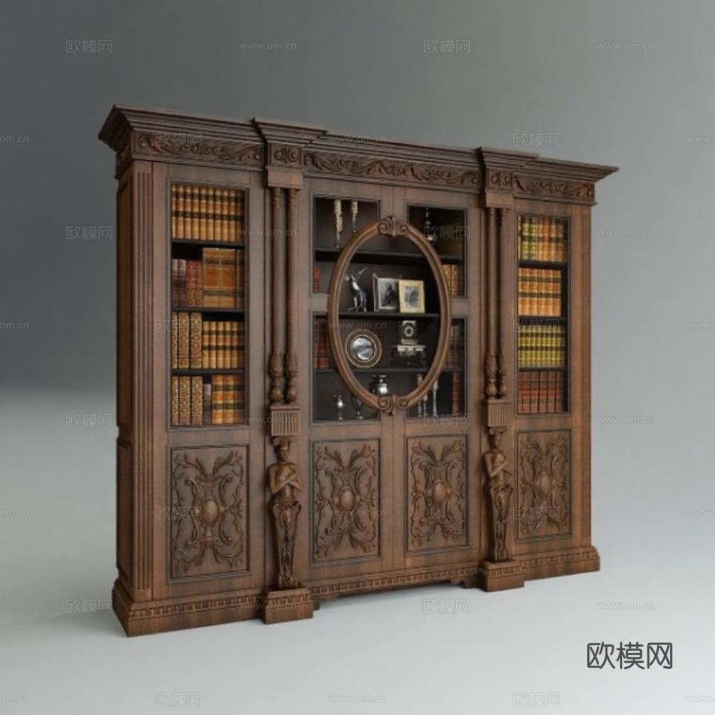 欧式古典实木书柜 对称雕花装饰书房家具 玻璃陈列收藏柜 3D模型免费3d模型