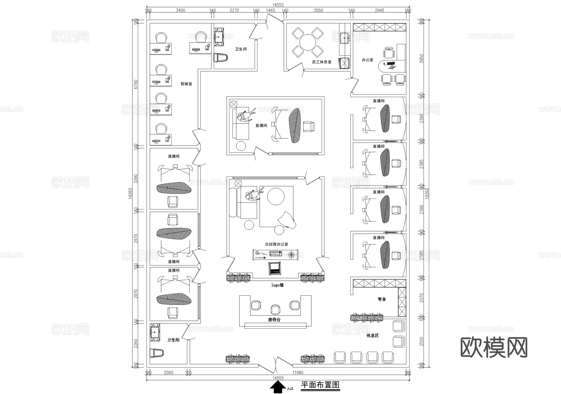 直播间 平面图 独立办公室cad施工图