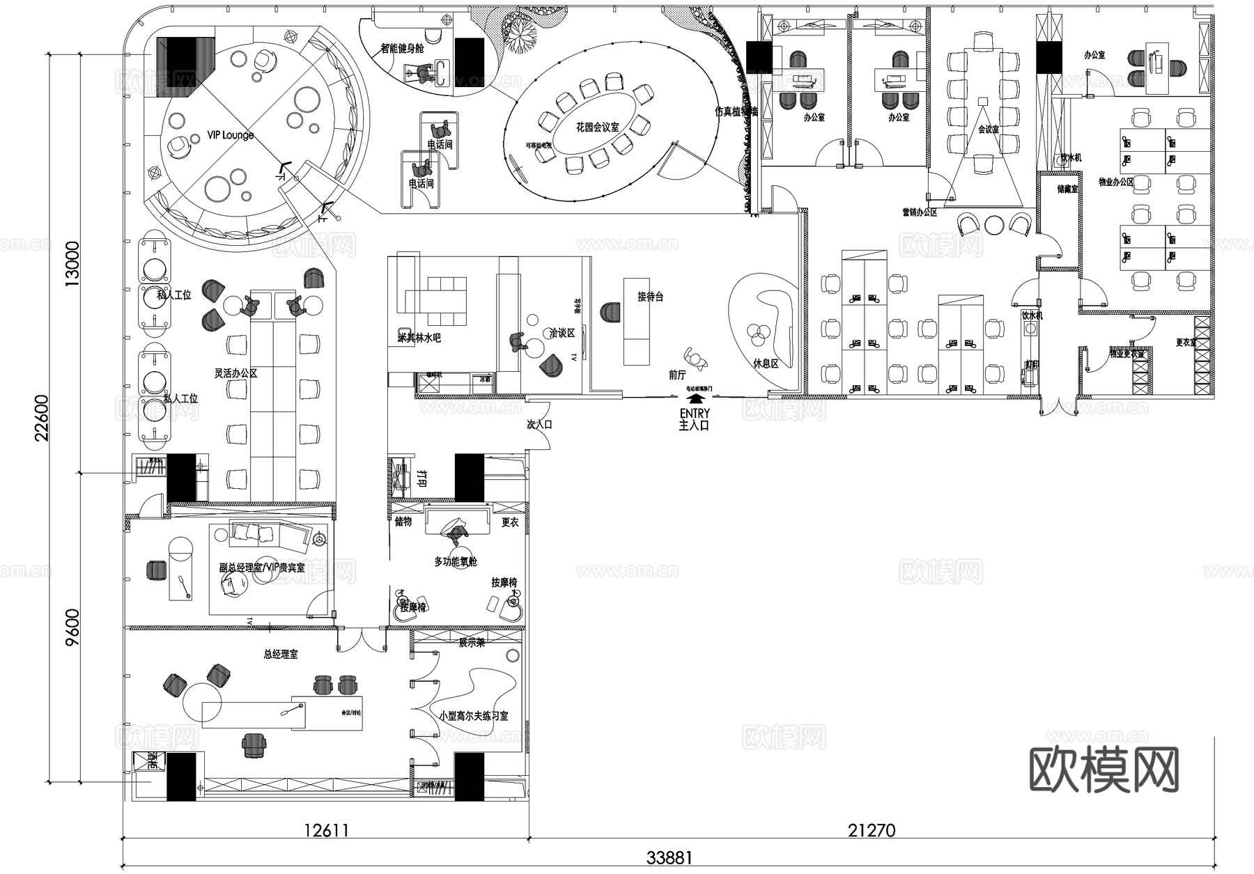 570平方米办公室平面图cad施工图