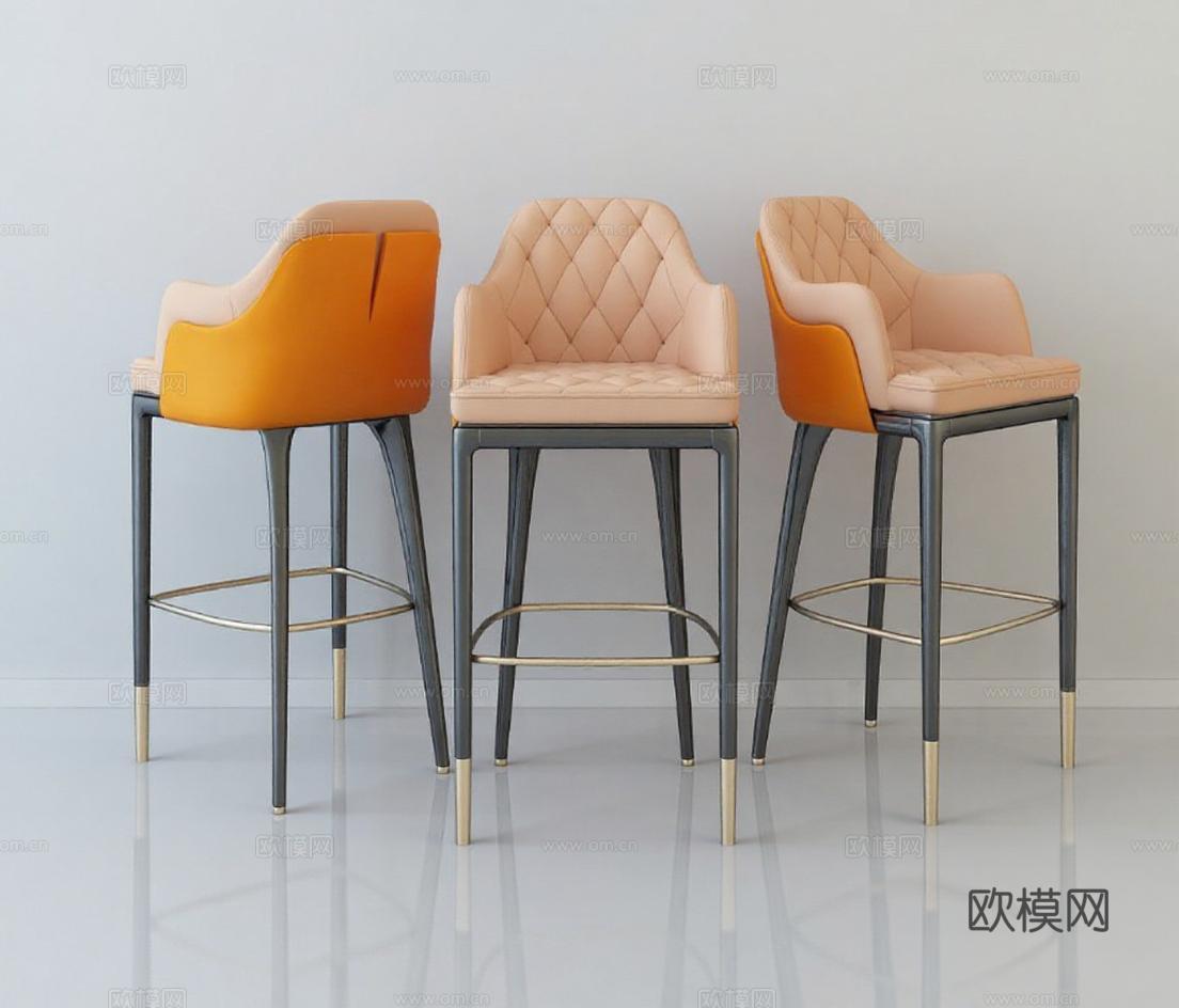 米色橙色拼接皮革高脚椅 菱形绗缝椅背设计 镀金金属框架现代奢华家具 家居装饰展示3D模型免费3d模型