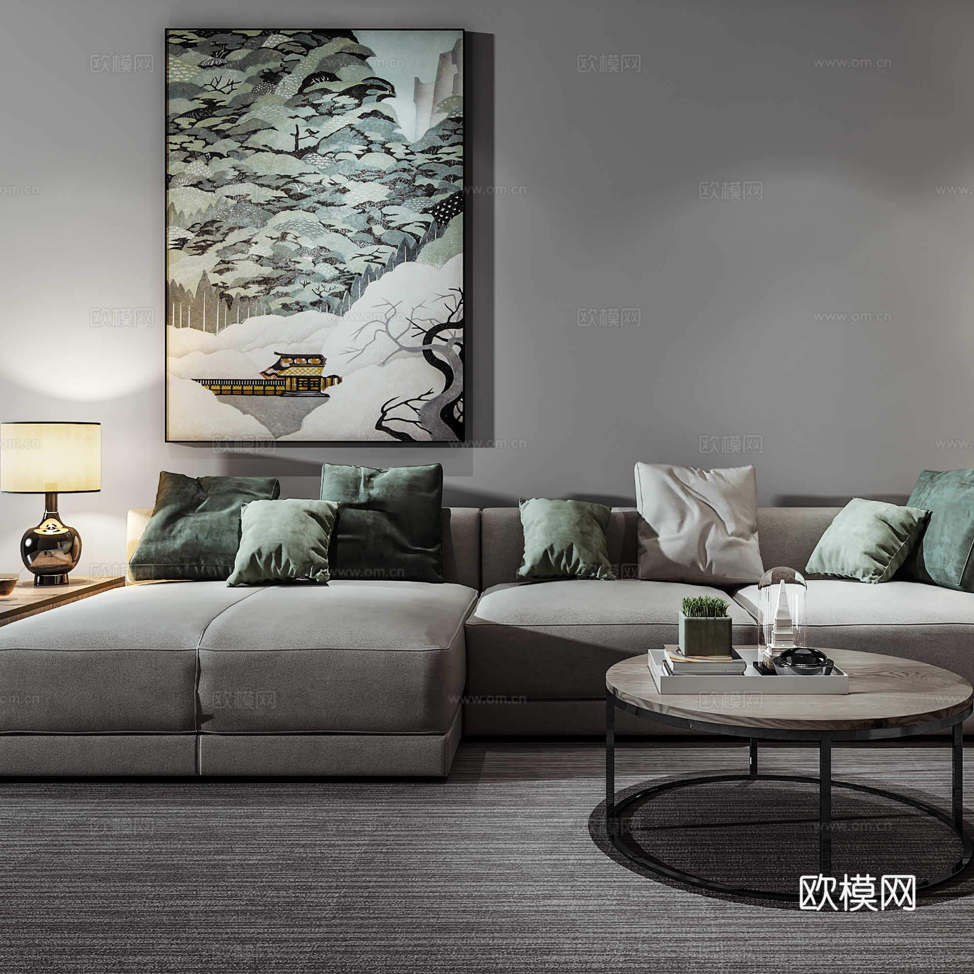 现代沙发茶几壁画组合3d模型下载（渲染图2）