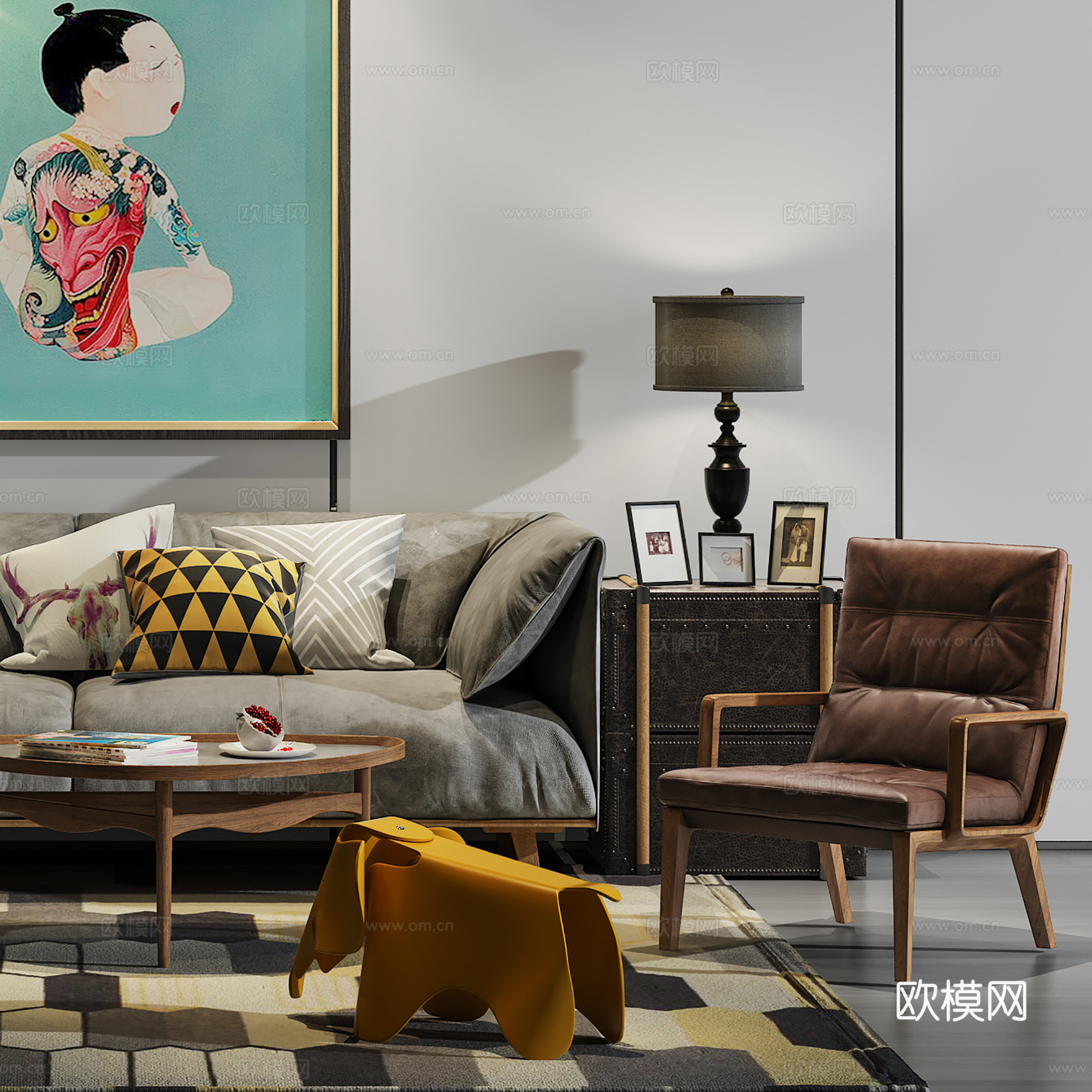 现代沙发茶几壁画组合3d模型下载（渲染图2）