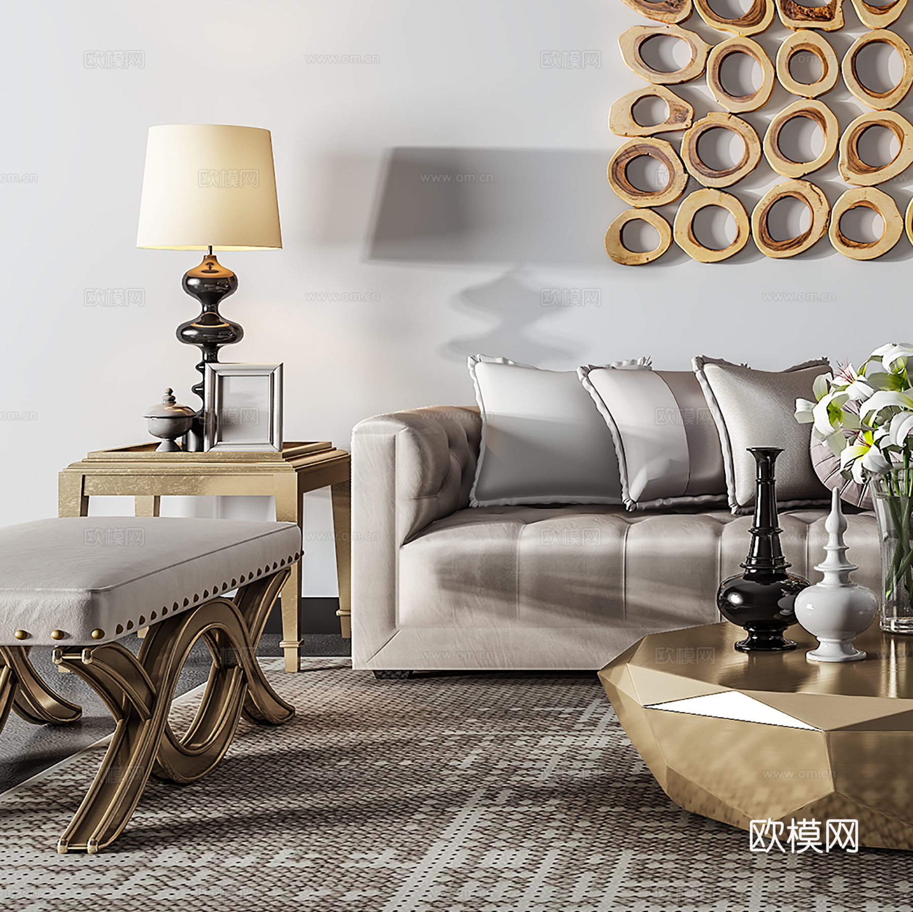 现代沙发茶几壁画组合3d模型下载（渲染图3）