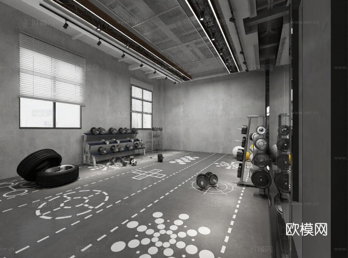 工业风健身房设计 3D渲染训练室效果图 力量感健身空间功能区域布局免费3d模型