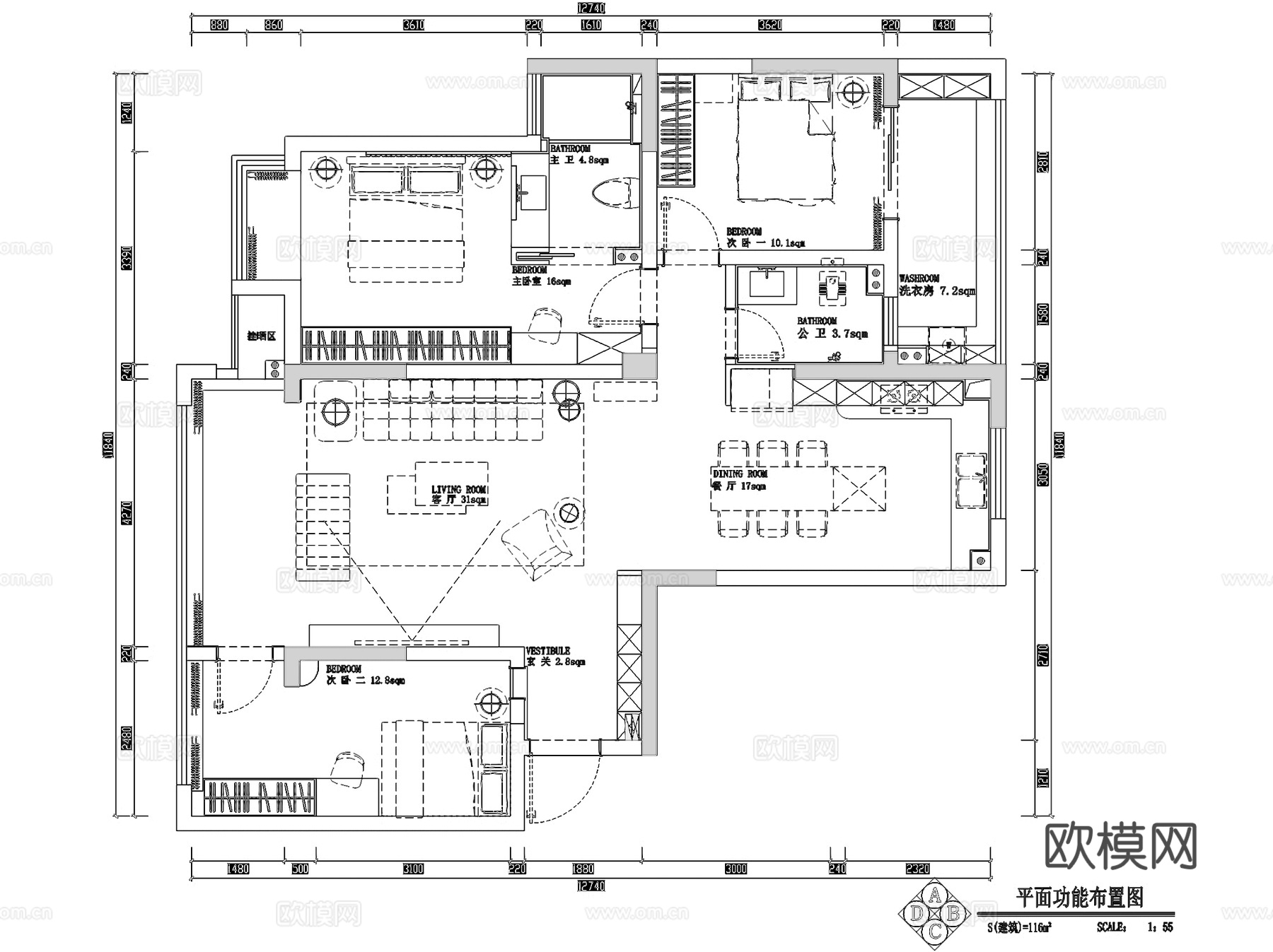 法式奶油风三室两厅两卫平层室内家装CAD施工图cad施工图
