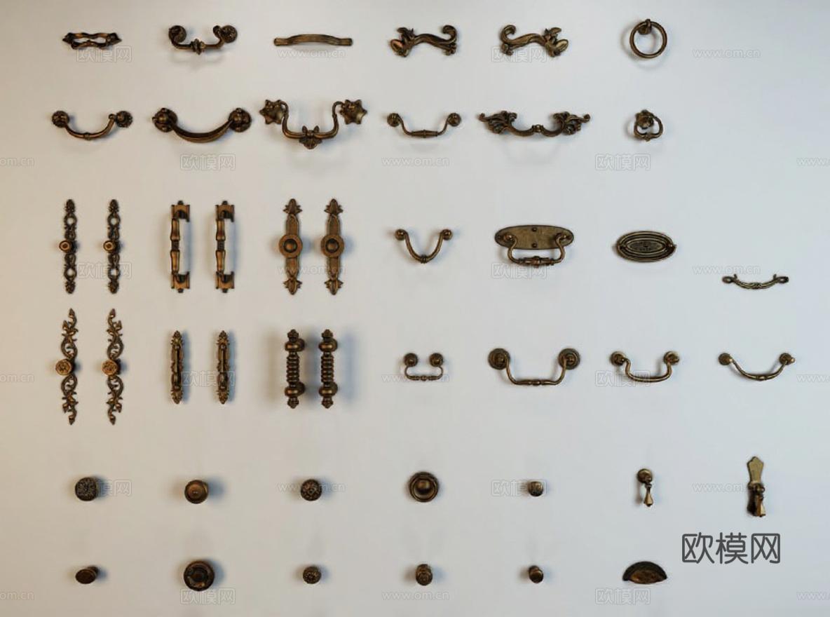 复古五金配件 手工雕刻金属拉手 家居装饰定制 欧式复古柜门把手 收藏级工艺配件免费3d模型