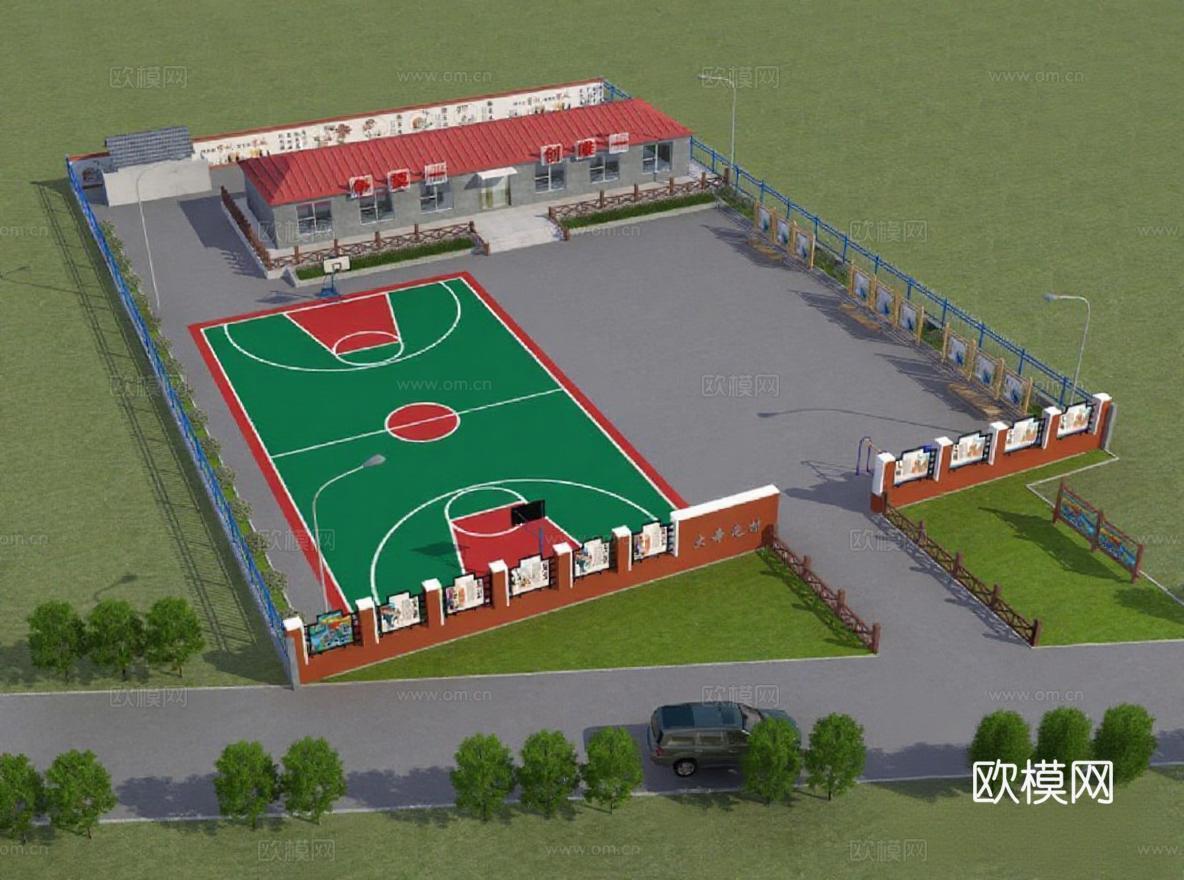 校园体育设施3D建模效果图 现代教学楼篮球场鸟瞰全景 绿化景观围栏设计图免费3d模型下载