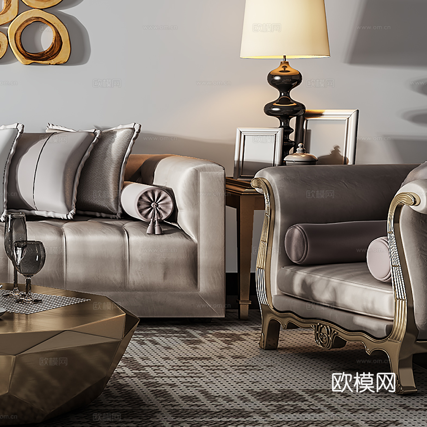 现代沙发茶几壁画组合3d模型下载（渲染图2）