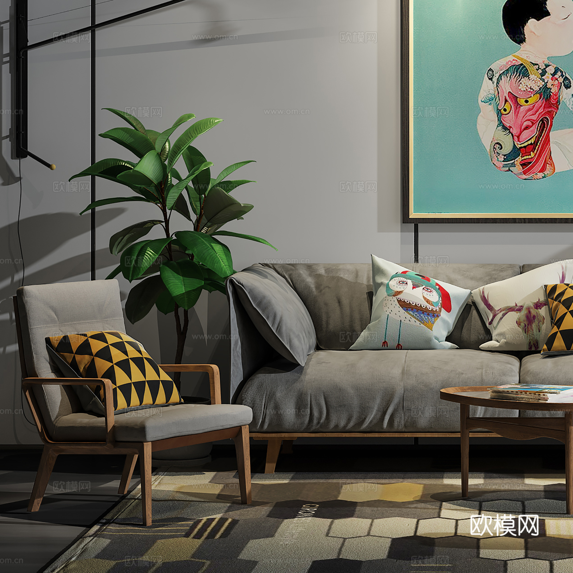 现代沙发茶几壁画组合3d模型下载（渲染图3）