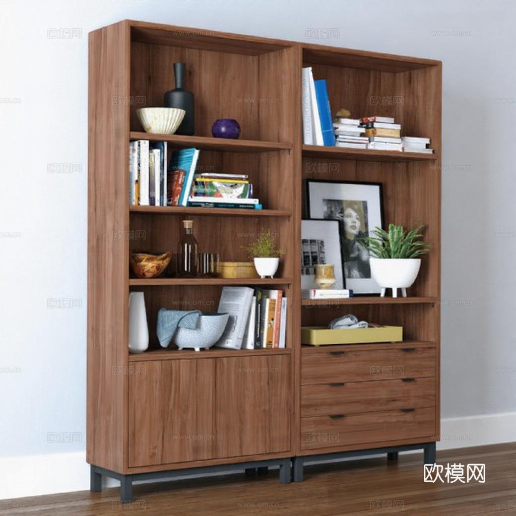 现代北欧实木双联书柜 多功能储物客厅书房家具免费3d模型