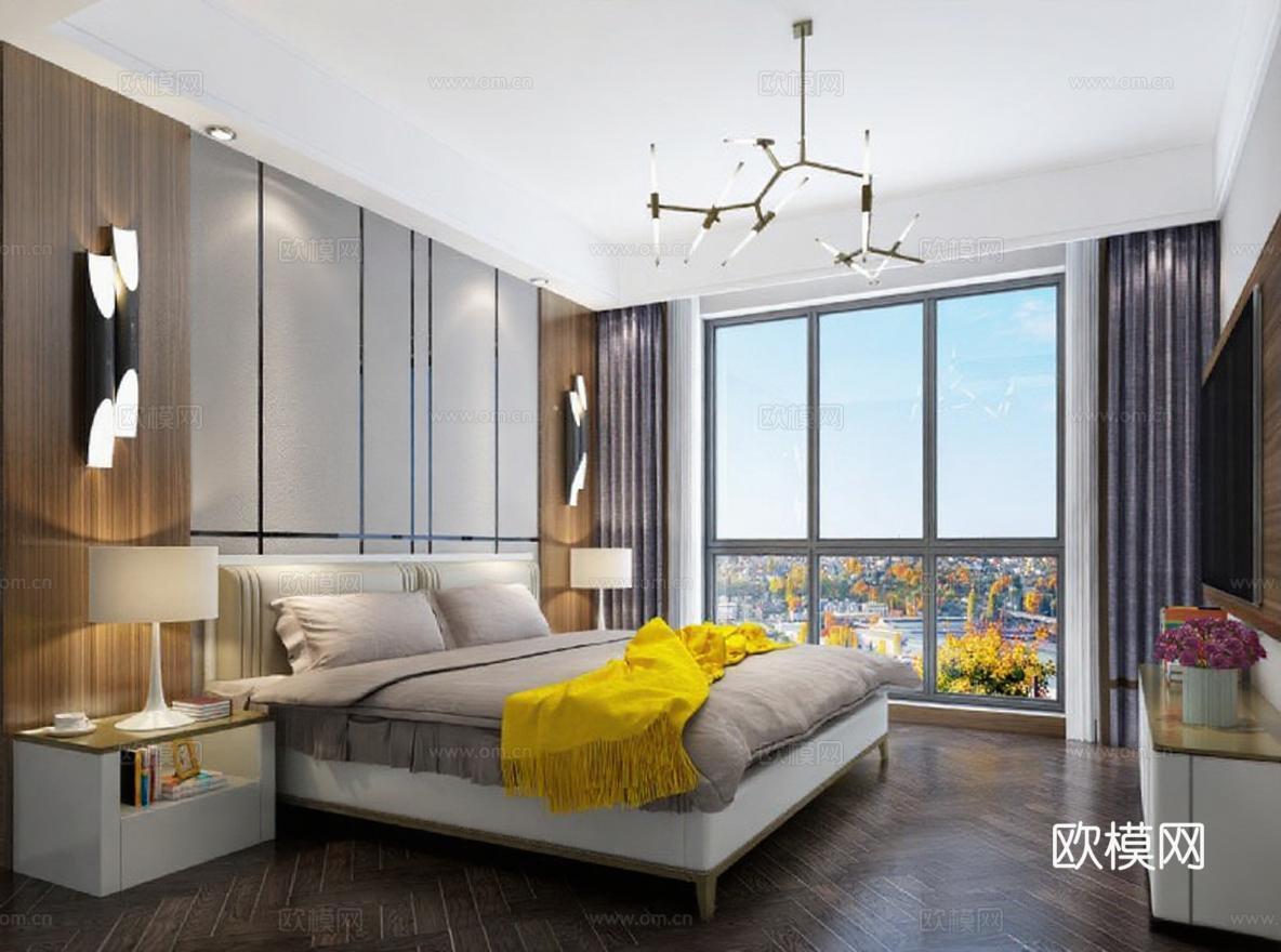 现代风格卧室室内设计 高端装修灰色调城市景观轻奢卧室3D渲染效果图免费3d模型