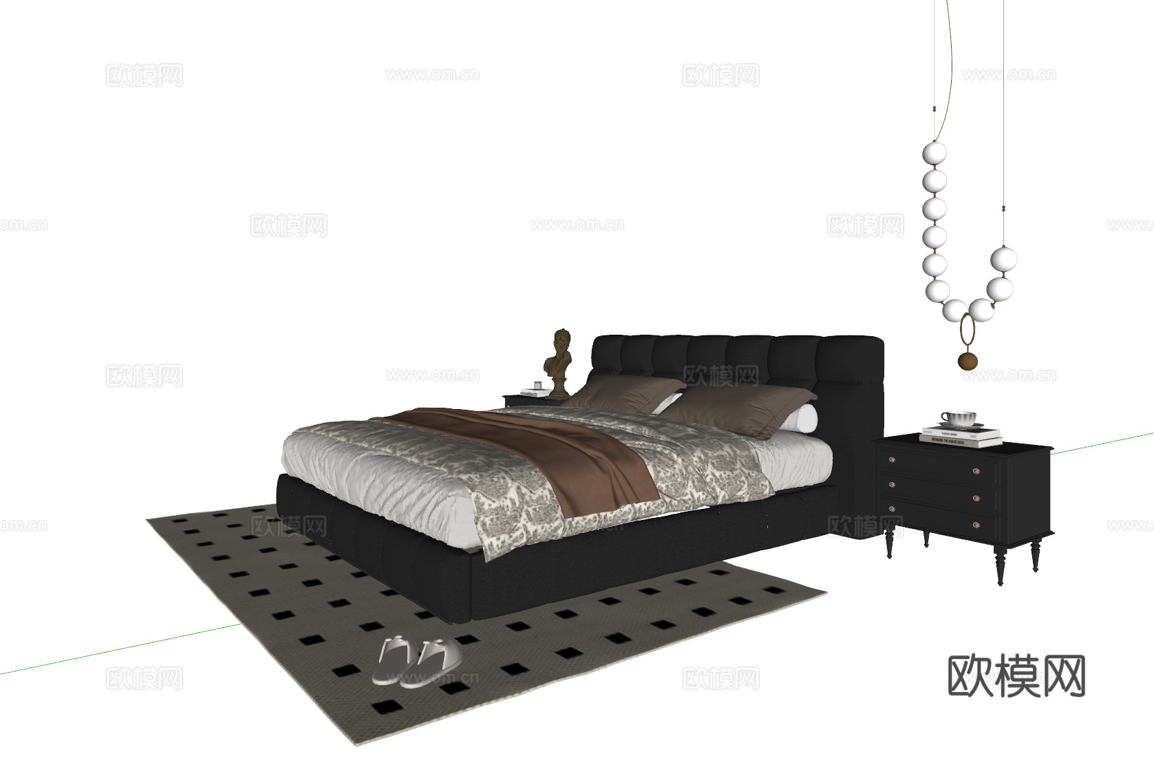 法式双人床 皮质双人床 床头柜 吊灯 地毯su模型