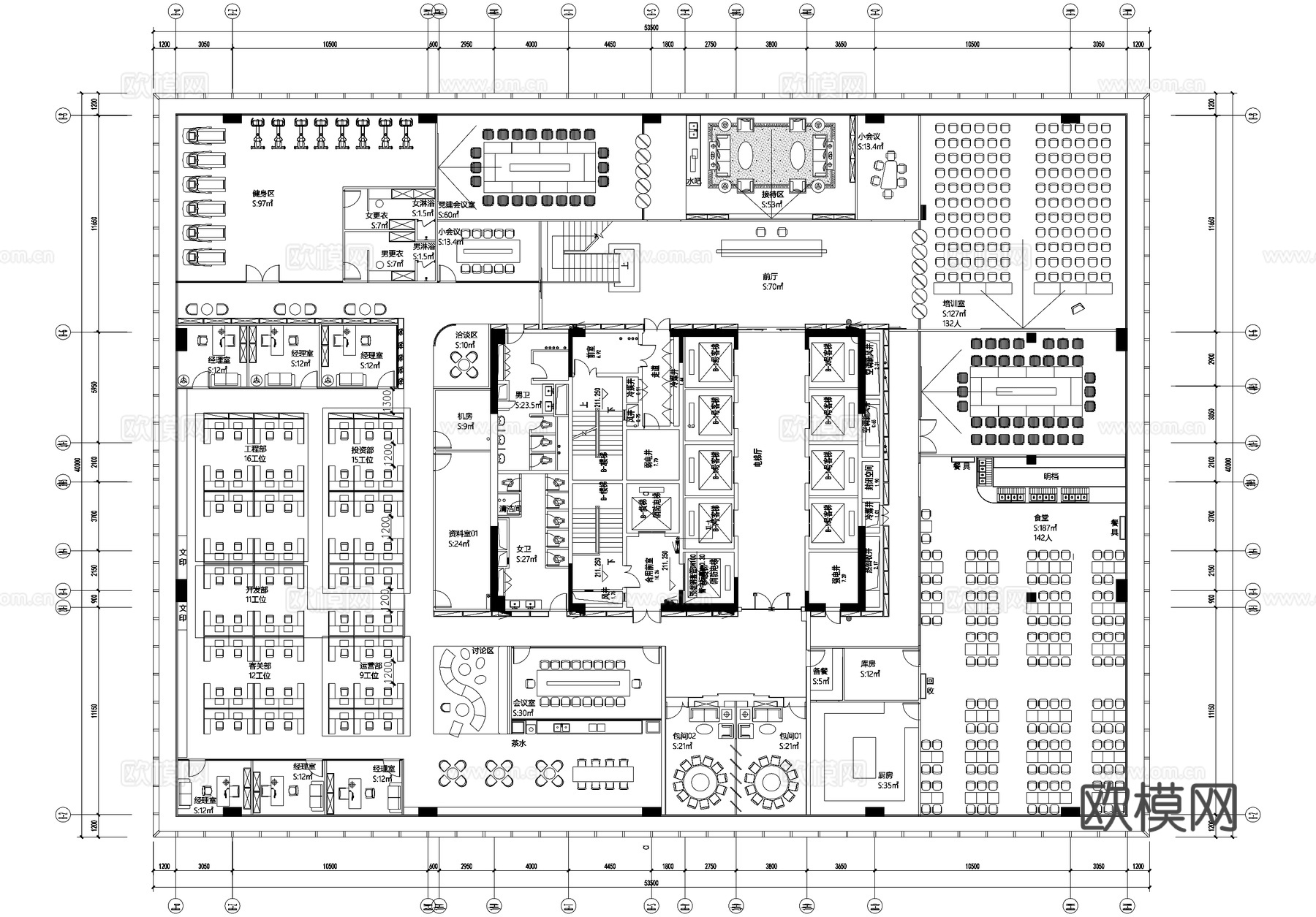 2100平方米办公室平面图cad施工图