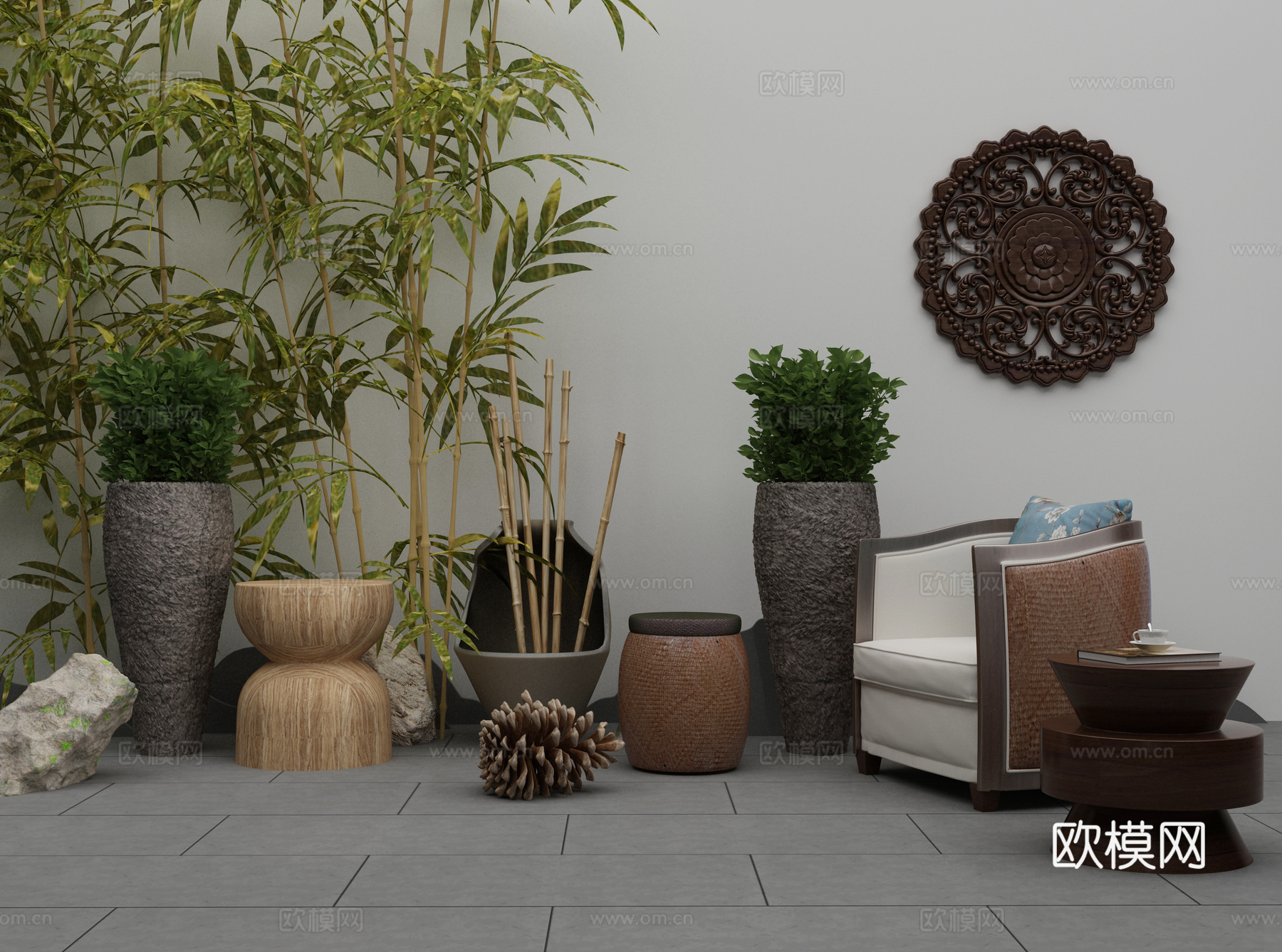 新中式庭院景观3d模型下载（渲染图1）