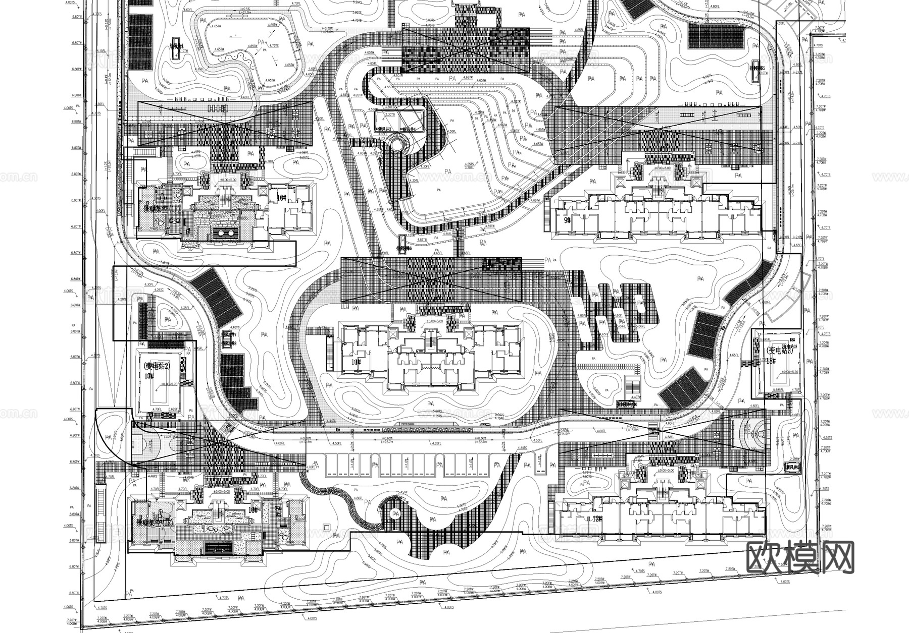 居住区住宅区景观总平面图cad施工图