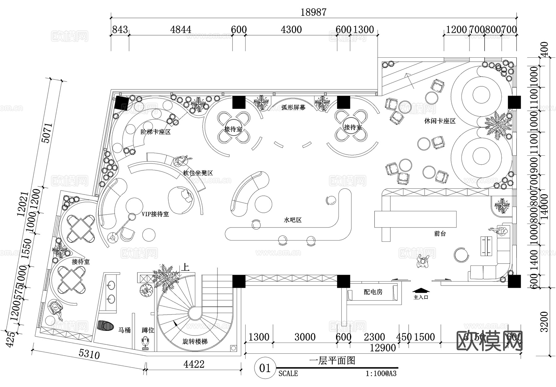 二层250平方米办公室平面图cad施工图
