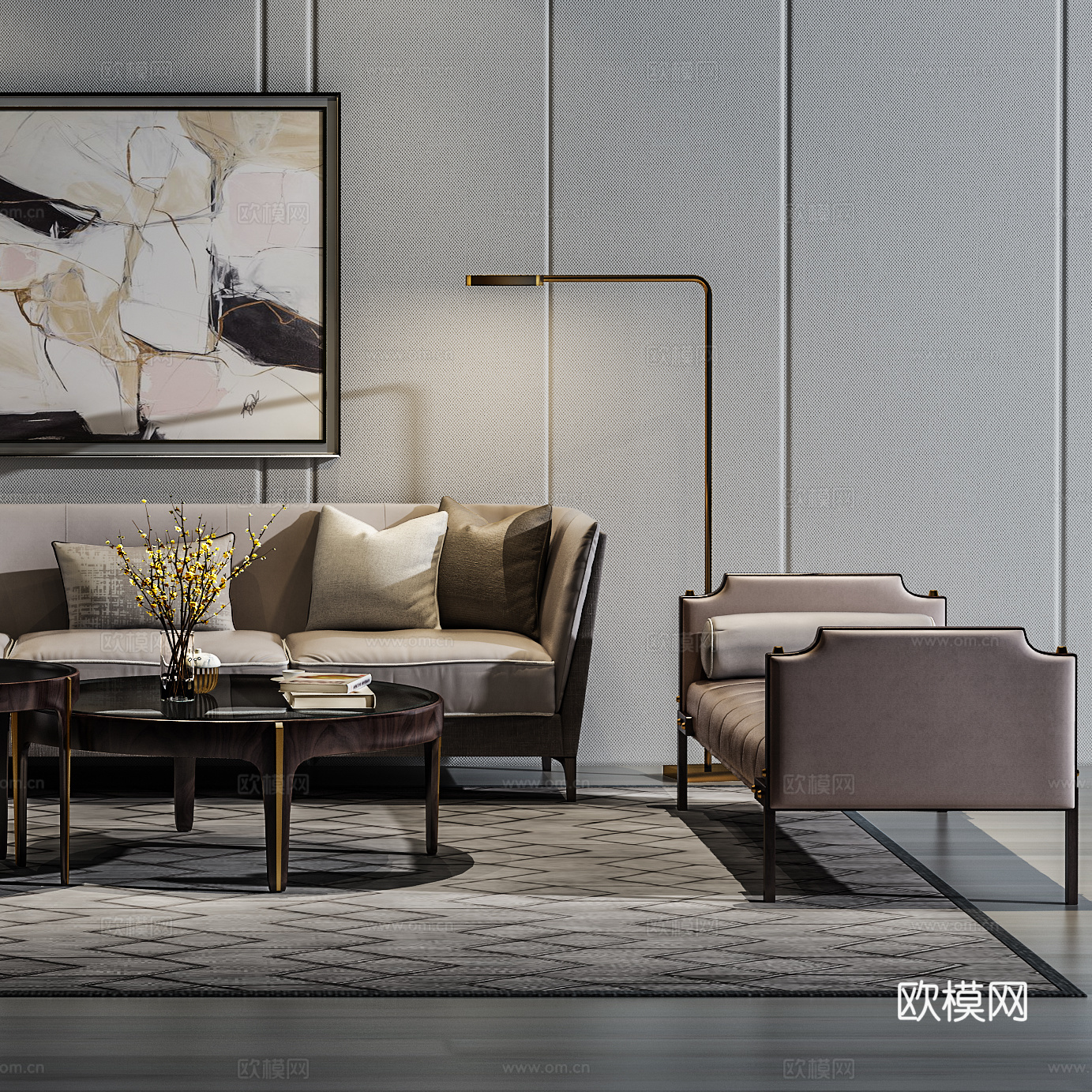现代沙发茶几壁画组合3d模型下载（渲染图2）