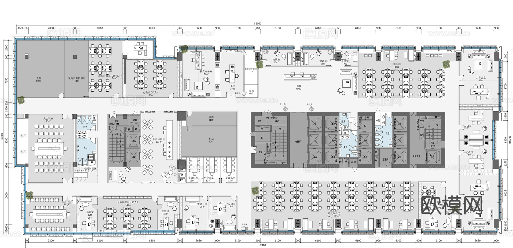 2000平公司办公室 最新平面办公室施工图cad施工图