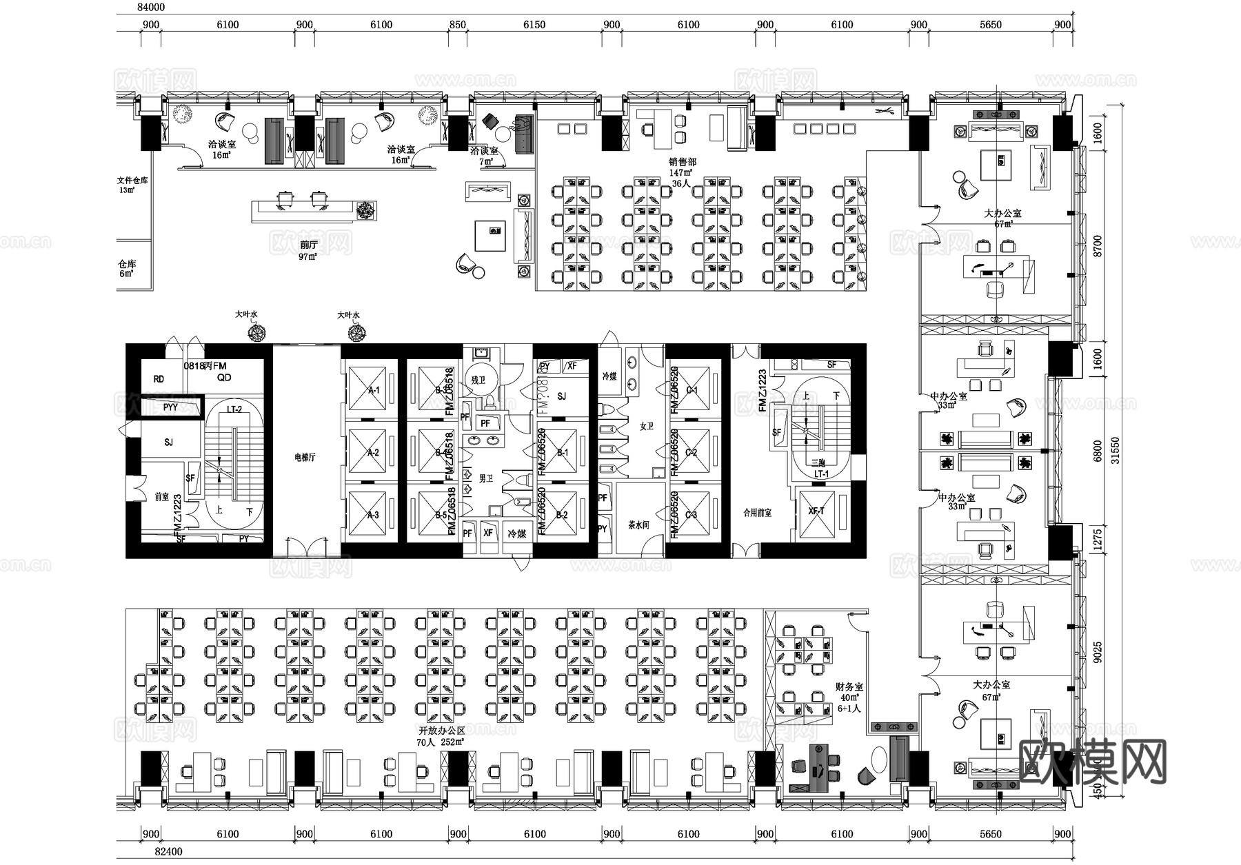 2800平方米办公室平面图cad施工图