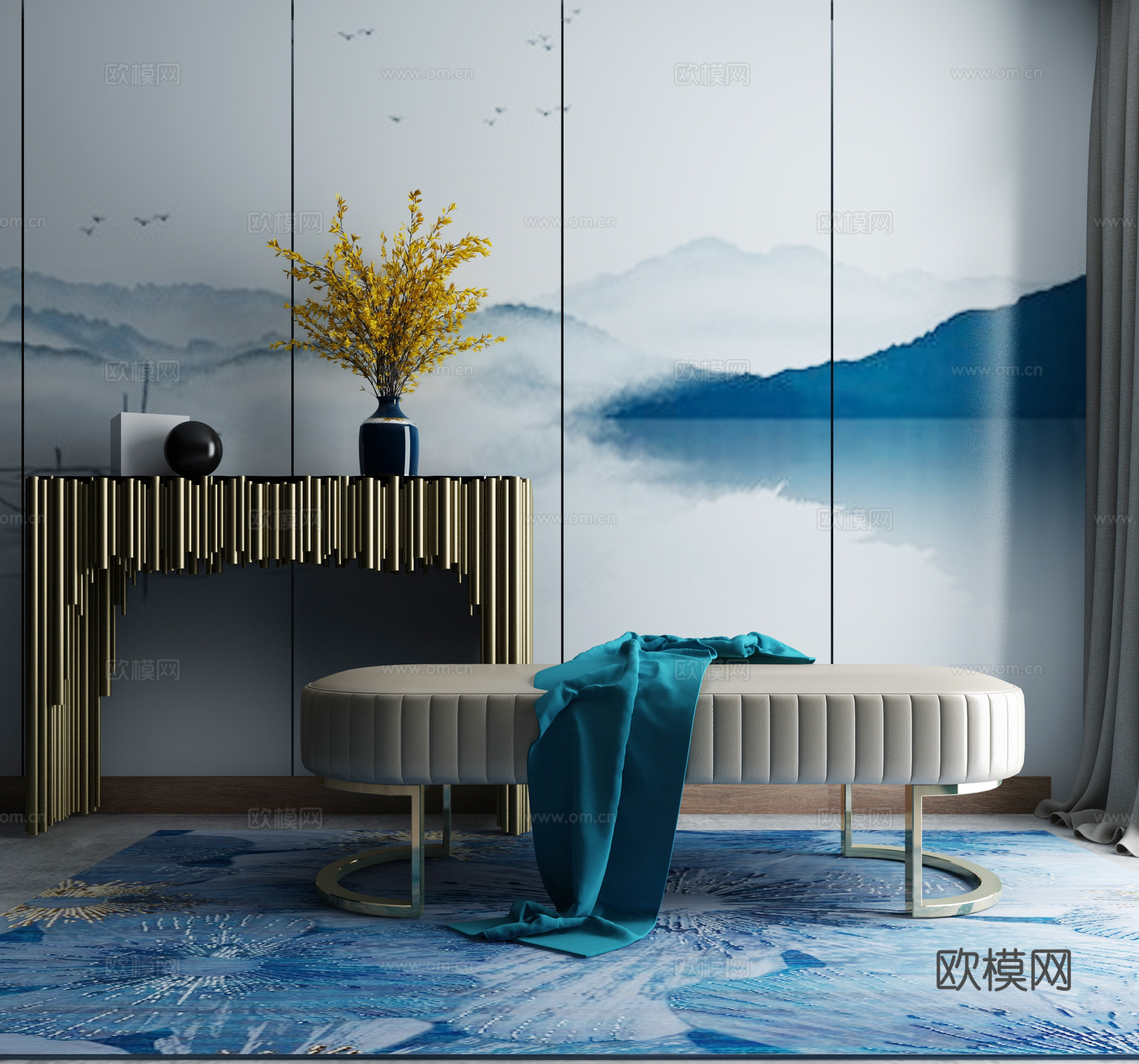 现代床榻摆件组合3d模型下载（渲染图1）